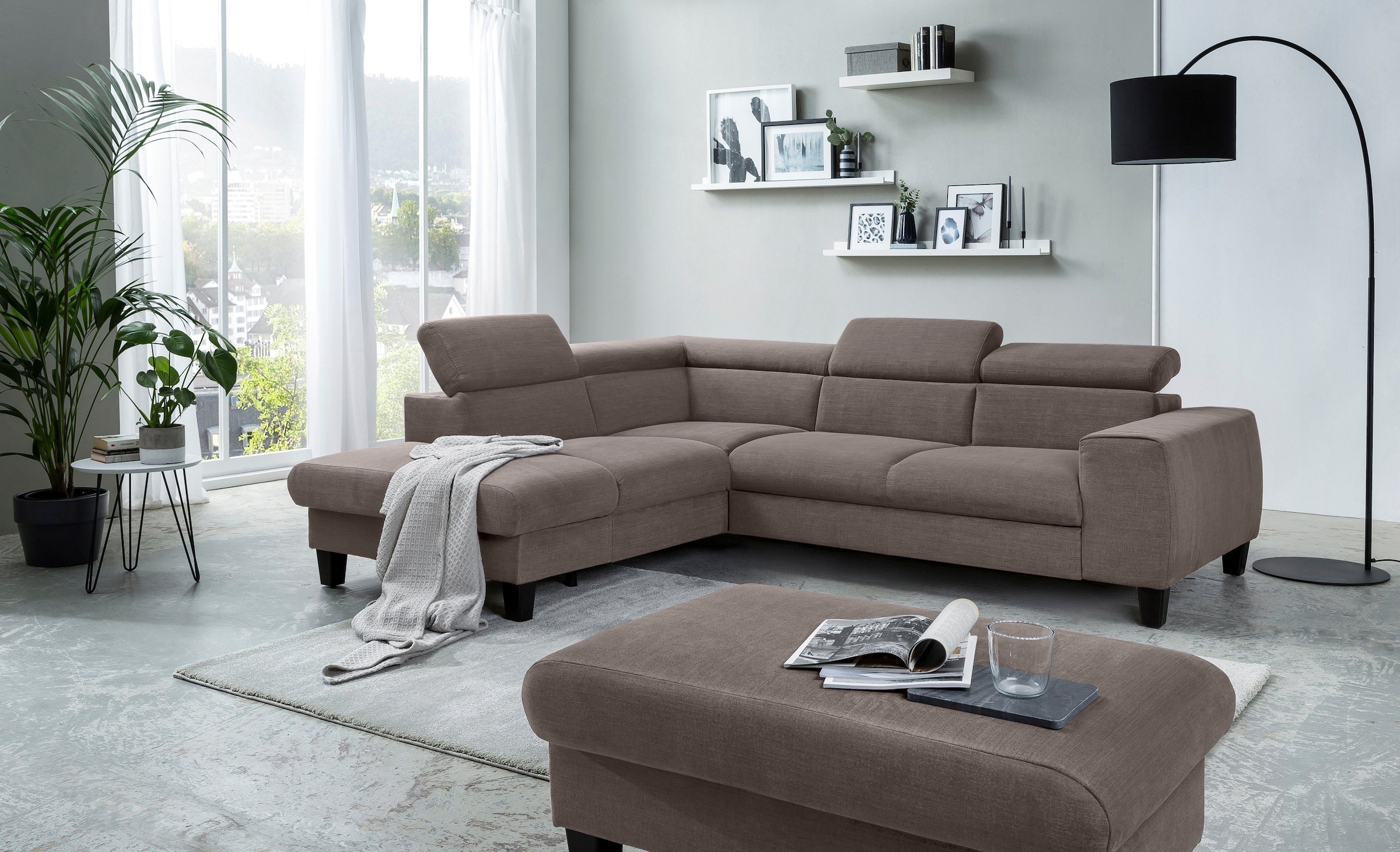 COTTA Polstergarnitur »Morven«, (Set), Set: bestehend aus Ecksofa und Hocker, Kopfteilverstellung