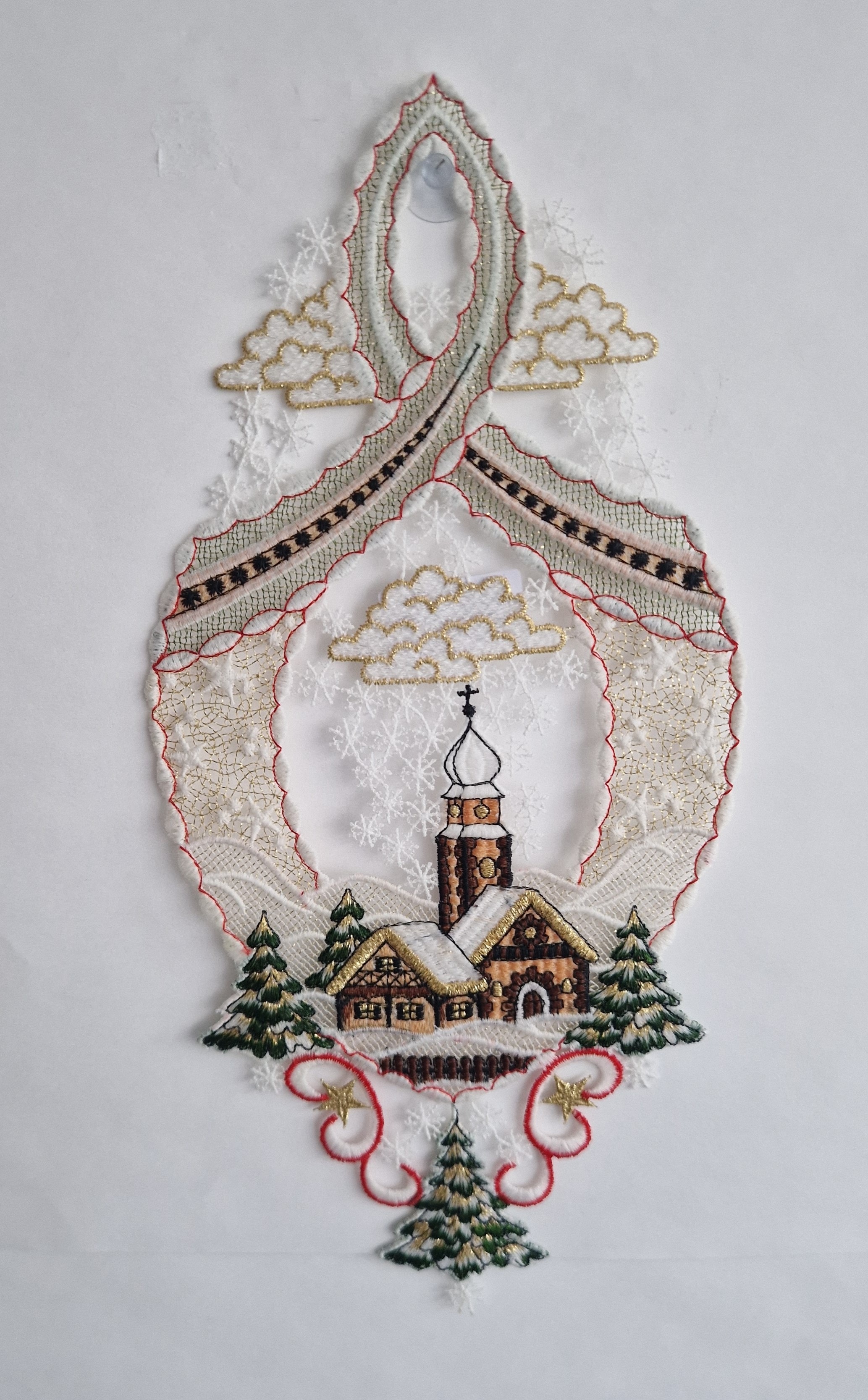 Stickereien Plauen "Fensterbild Kirche" echte Plauener Stickerei