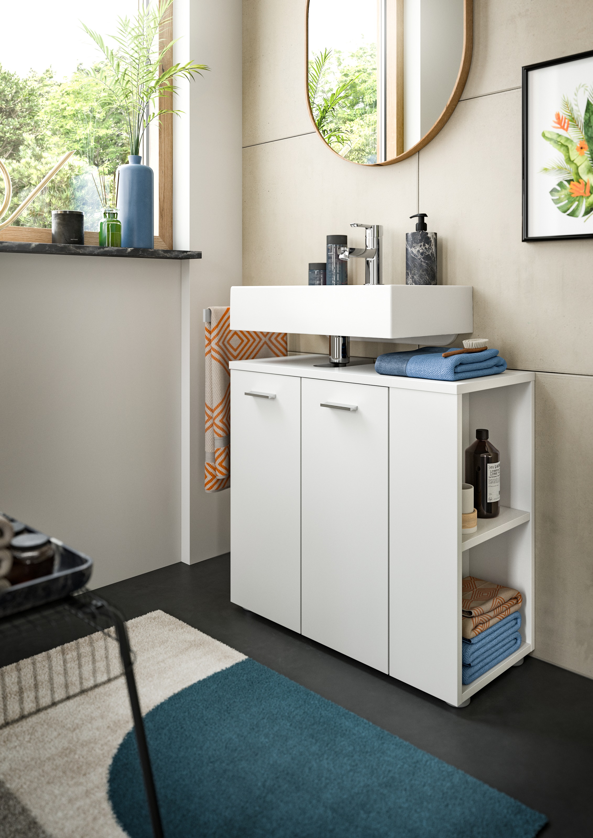 welltime Waschbeckenunterschrank »Breite 65cm, mit seitlichem Regal, 2 Türen, 4 Fächer«, Waschbecken, Unterschrank, Schrank, Badschrank, Badezimmerschrank
