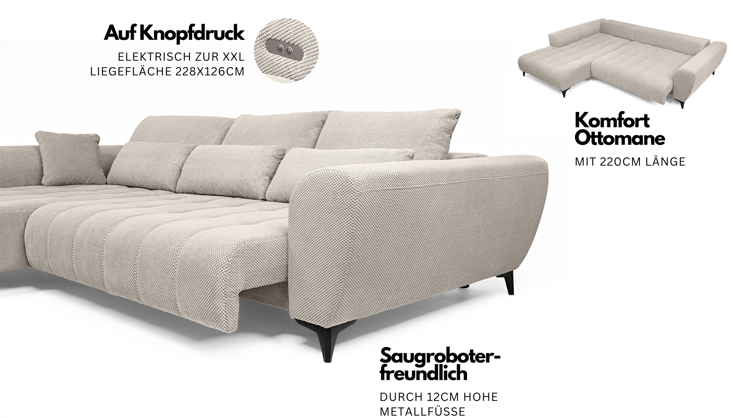 WERK2 Ecksofa »Memo Garay«, Luxus in Übergröße: XXL-Liegefläche, Komfort-Ottomane & stilvolle Füße