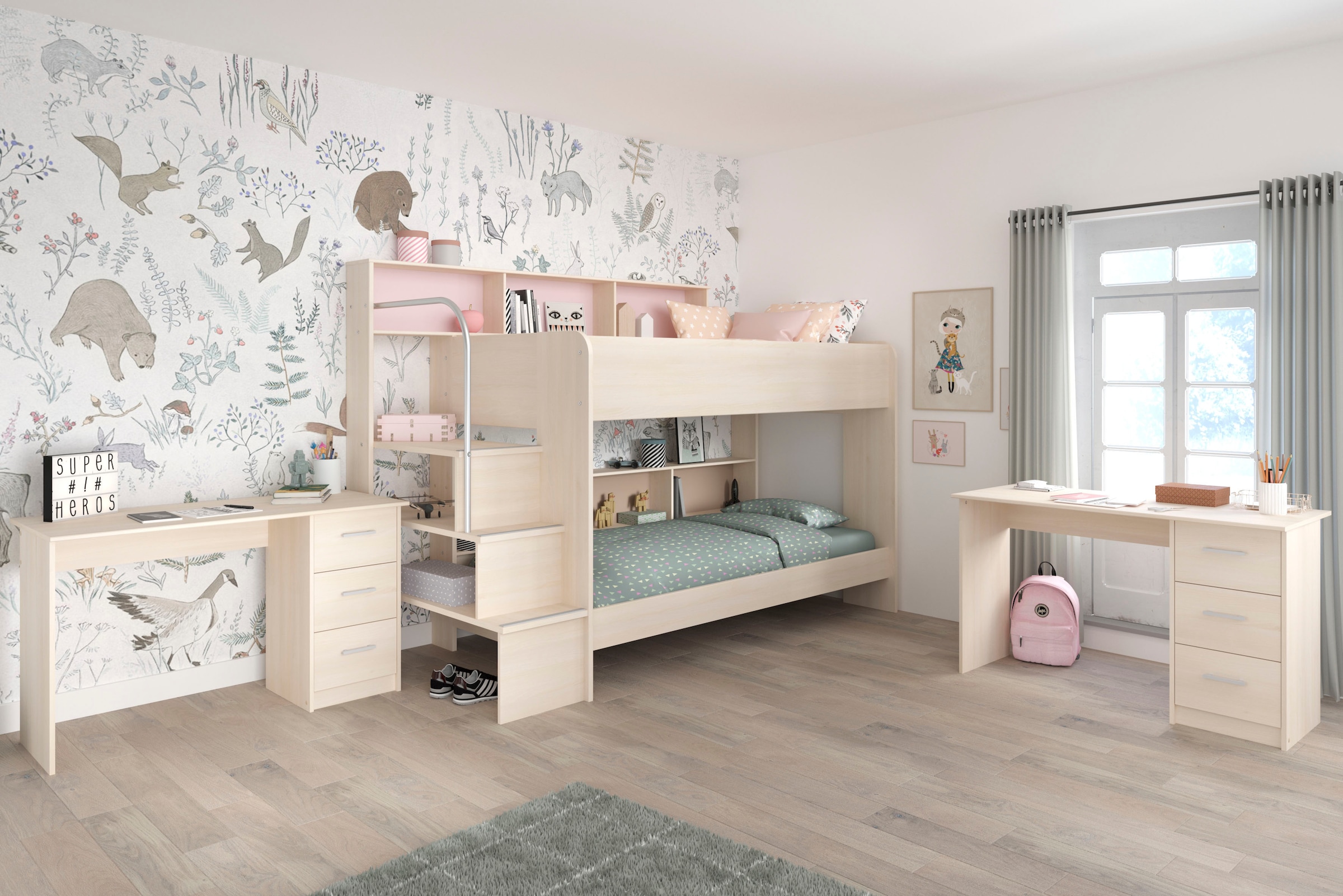 Jugendzimmer-Set »Bibop«, (3 St., Etagenbett, zwei Schreibtische), mit 2 Schreibtischen