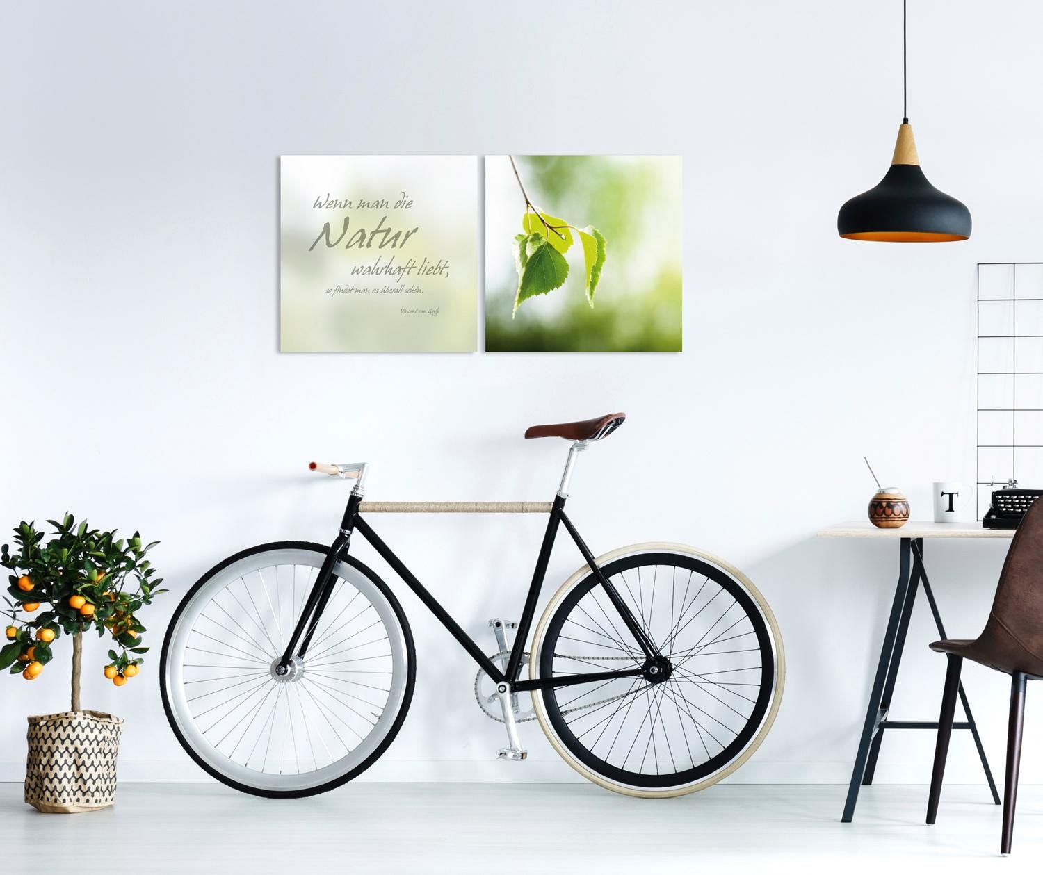 queence Leinwandbild »Natur«, Blätter-Blätterbilder-Kunst-Modern-Spa-Spa Bilder-Sprüche-Sprüche & Texte-Schriftzug-Schriftzüge, (Set), Premium-Leinwandstoff, Handarbeit aus Deutschland, Zitat, 2er Set
