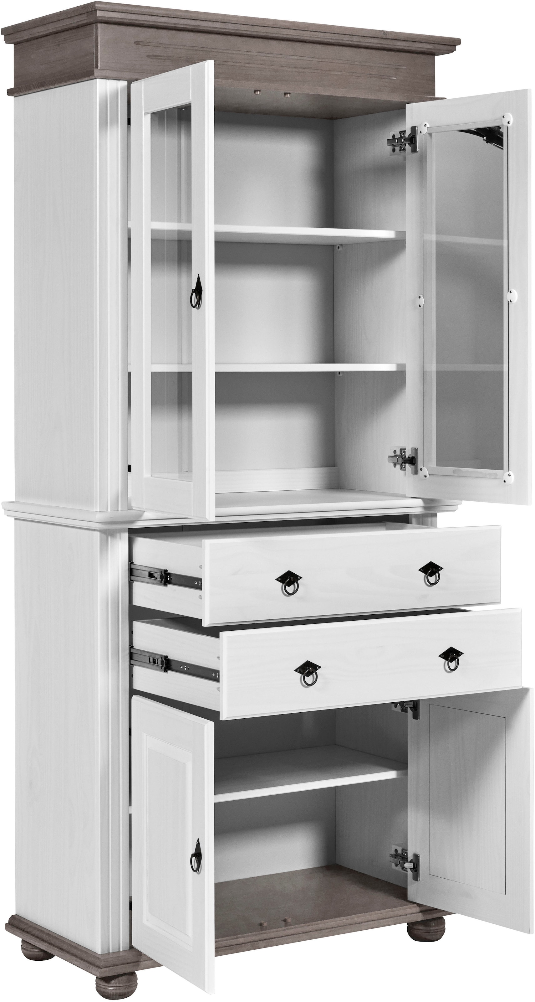 Inter Link Vitrine »Halmaro, Kiefer Massivholz, Weiss/Grau-Lava, 101 x 46,30 x 220 cm« 1 Stk. tlg. Buffet im Laudhausstil, Küchenschrank mit Glastüren, viel Stauraum
