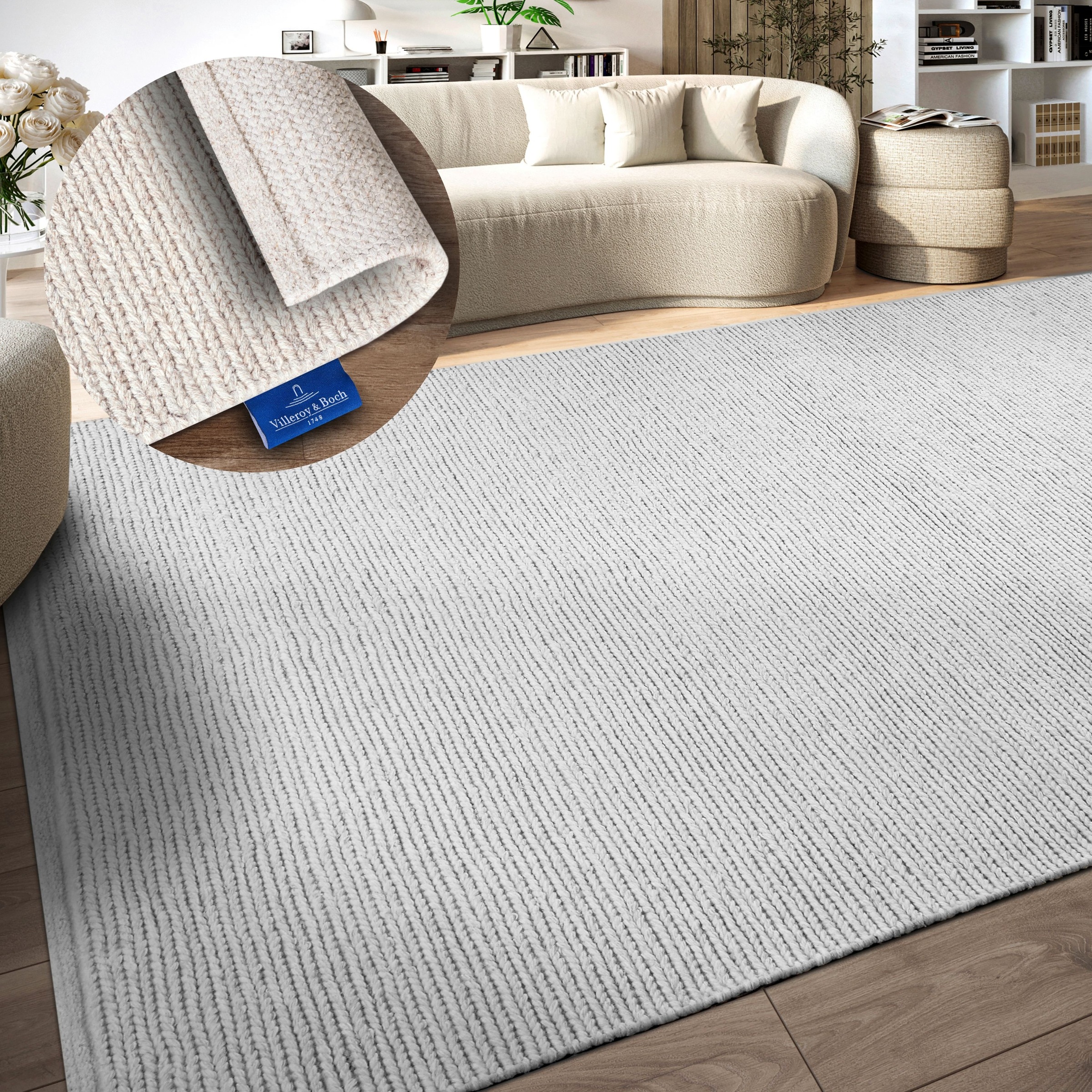 Wollteppich VILLEROY & BOCH, B:160cm H:7mm L:230cm, weiß, Wolle, Wohnzimmer, Teppiche, "Francois", in rund, oval, Läufer, handgewebt, Wolle,