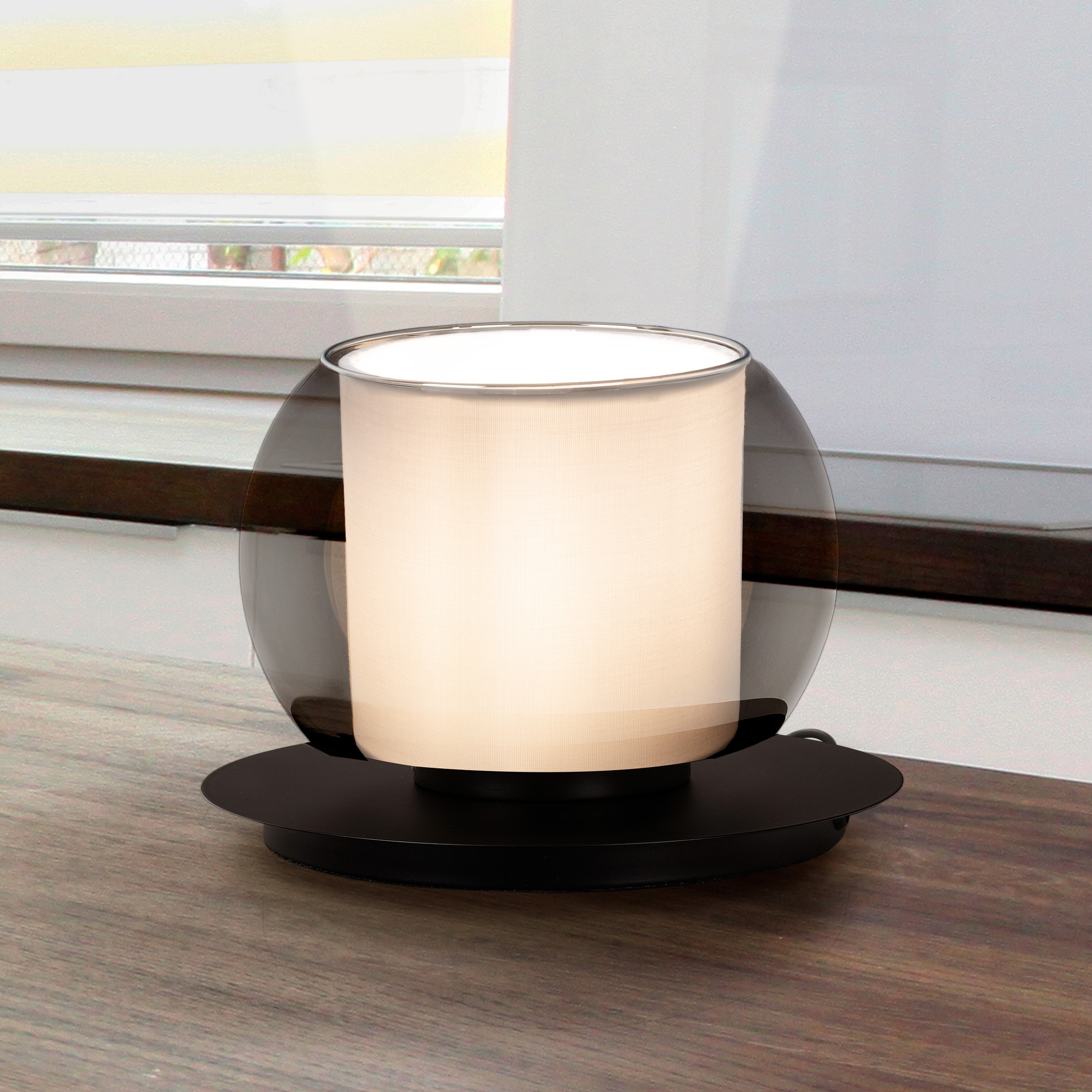 OTTO home Tischleuchte »Tanissa mit Doppelschirm« E27 1 Stk. runde Tischlampe, Rauchglas, Ø 18 cm, Stoffschirm, E27, Glasschirm