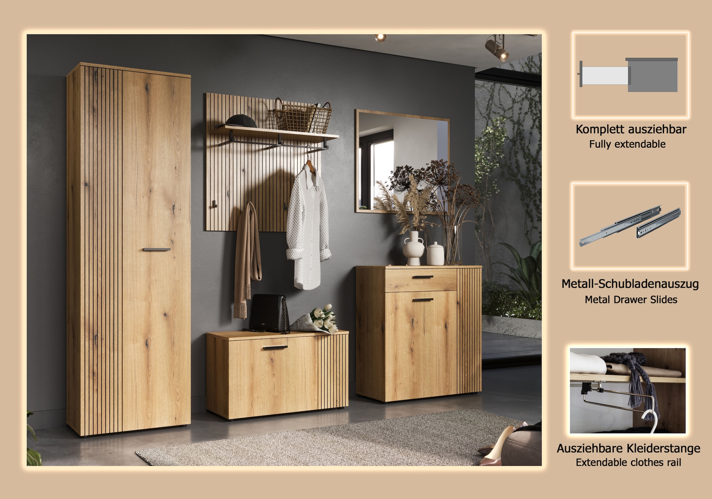 Home affaire Garderoben-Set »Amrum« Komplett-Set, 5 Stk. tlg. Set bestehend aus: Schrank, Sitzbank, Wandpaneel, Kommode & Spiegel