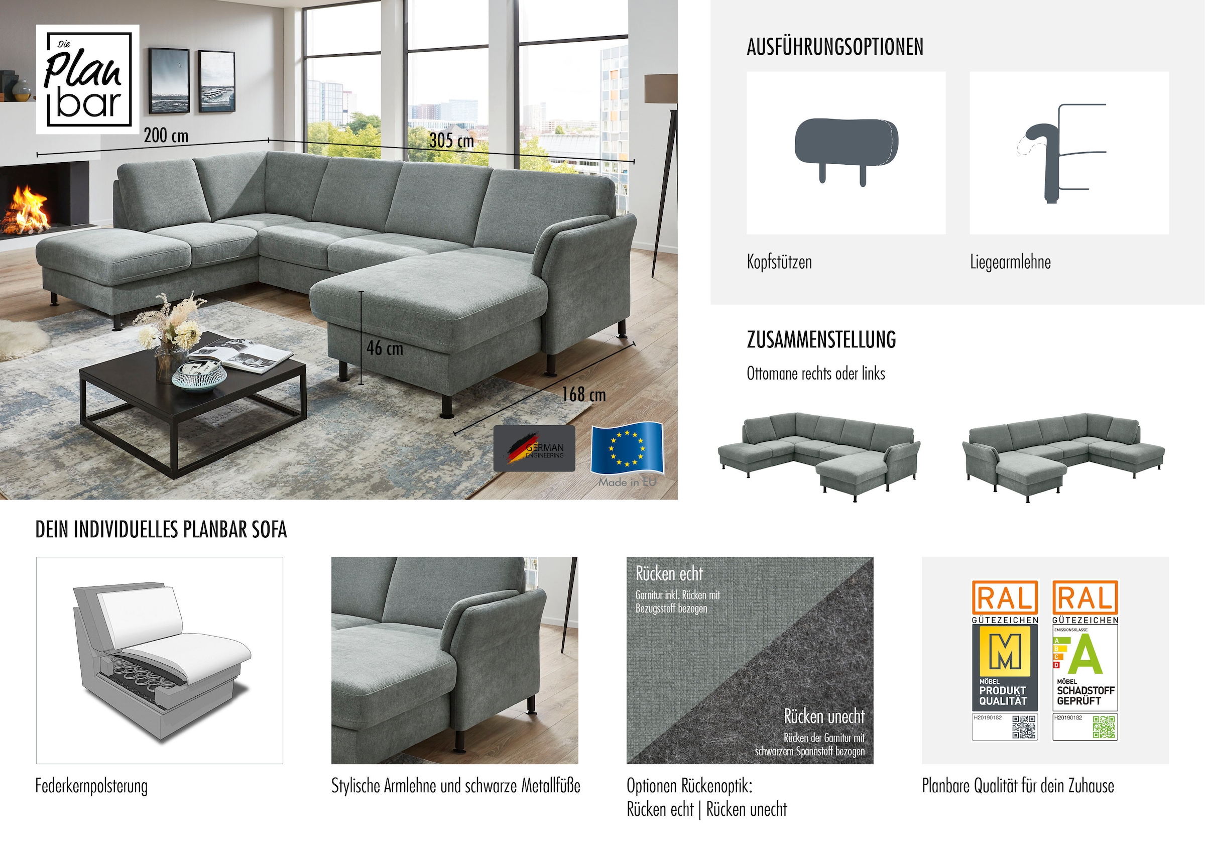 Die PlanBar Wohnlandschaft »ZE-EM18013 U-Form, Breite 305 cm« wahlweise mit Kopfstützen und Liegearmlehne