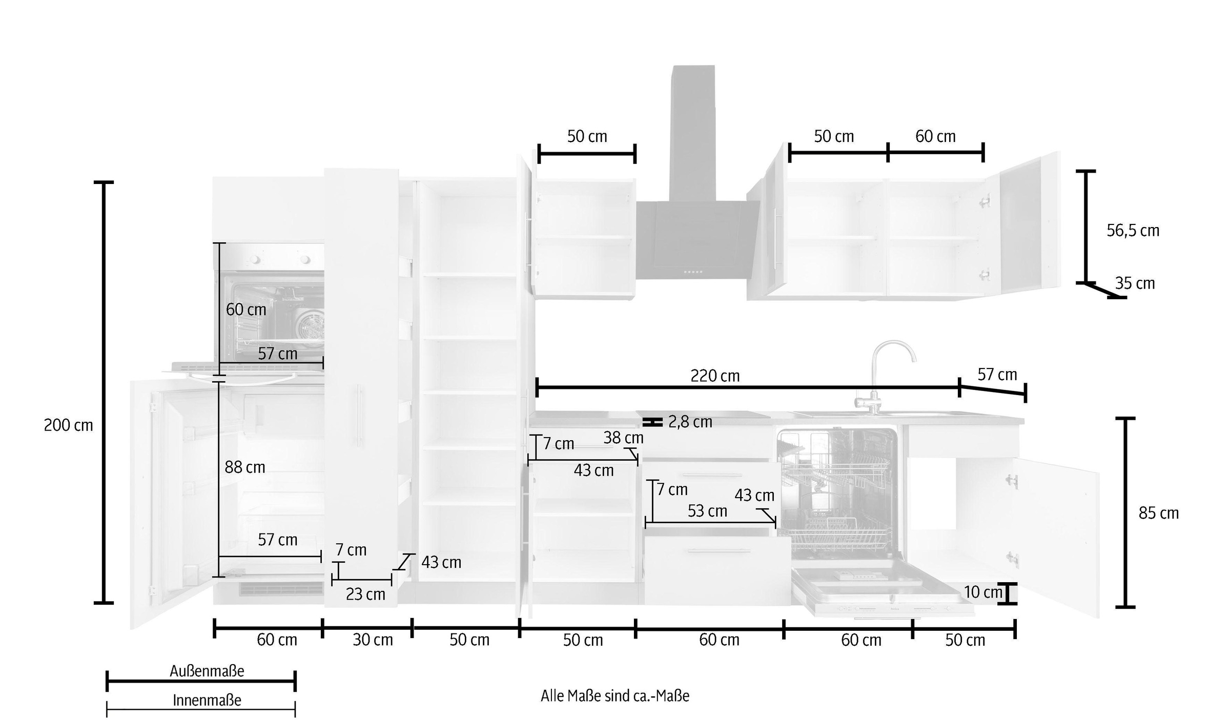 wiho Küchen Küchenzeile »Cali«, mit E-Geräten, Breite 360 cm