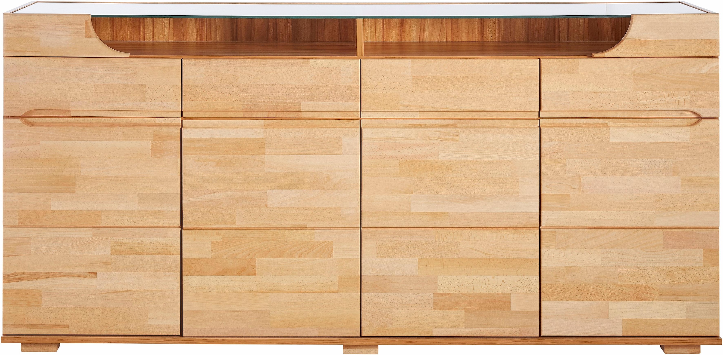 Home affaire Sideboard »Vetro,200cm breit,40 cm tief,4 Schubladen Oberplatte aus Glas«, Kernbuche massiv, Holzwerkstoff, 4Türen,4 Schubladen, Griffmulden