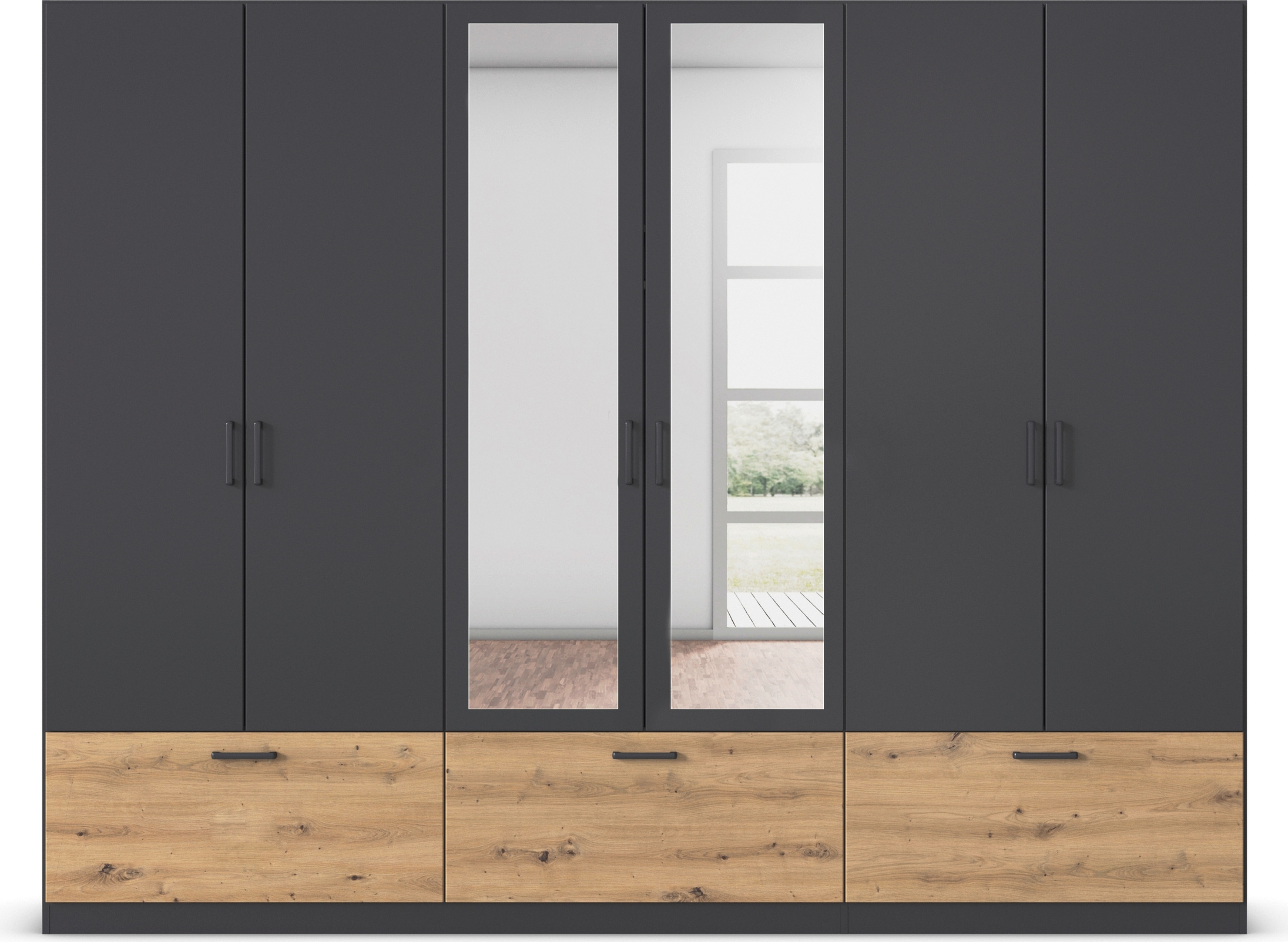 rauch Drehtürenschrank »Kleiderschrank Schrank Garderobe Wäscheschrank BARI mit Spiegel«, mit Schubkästen und modernem Griff in Graumetallic MADE IN GERMANY