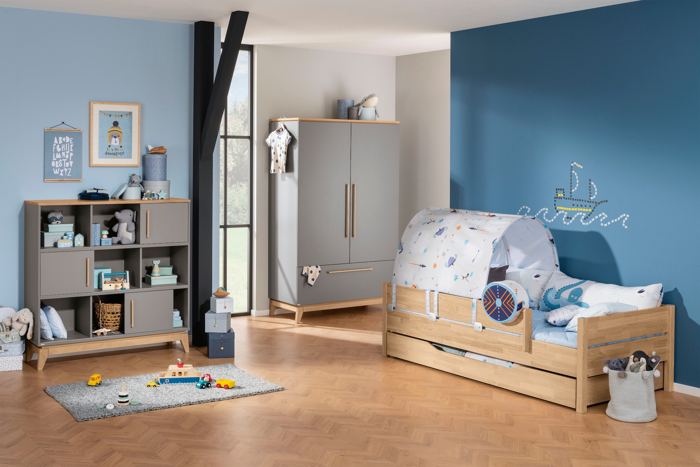 PAIDI Kleiderschrank »STIENE in Beige oder Grau, 2 Türen und 1 Schublade mit Soft-Close« B/H/T ca. 123/200/57cm,  inkl Kleiderstange + Einlegeböden, Kleiderschrank mit Eiche Massivholz