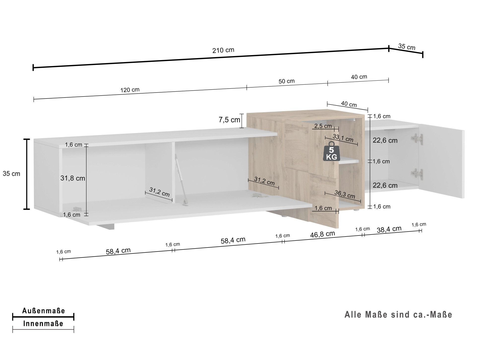 OTTO home Lowboard »Lowboard NEXOS,Lowboard,TV-Kommode,TV-Möbel,TV-Bank« 1 Stk. tlg. Mit 2 Drehtüren, 1 Klapptür, 4 geschl. Fächern, reversibel, B. 210 cm