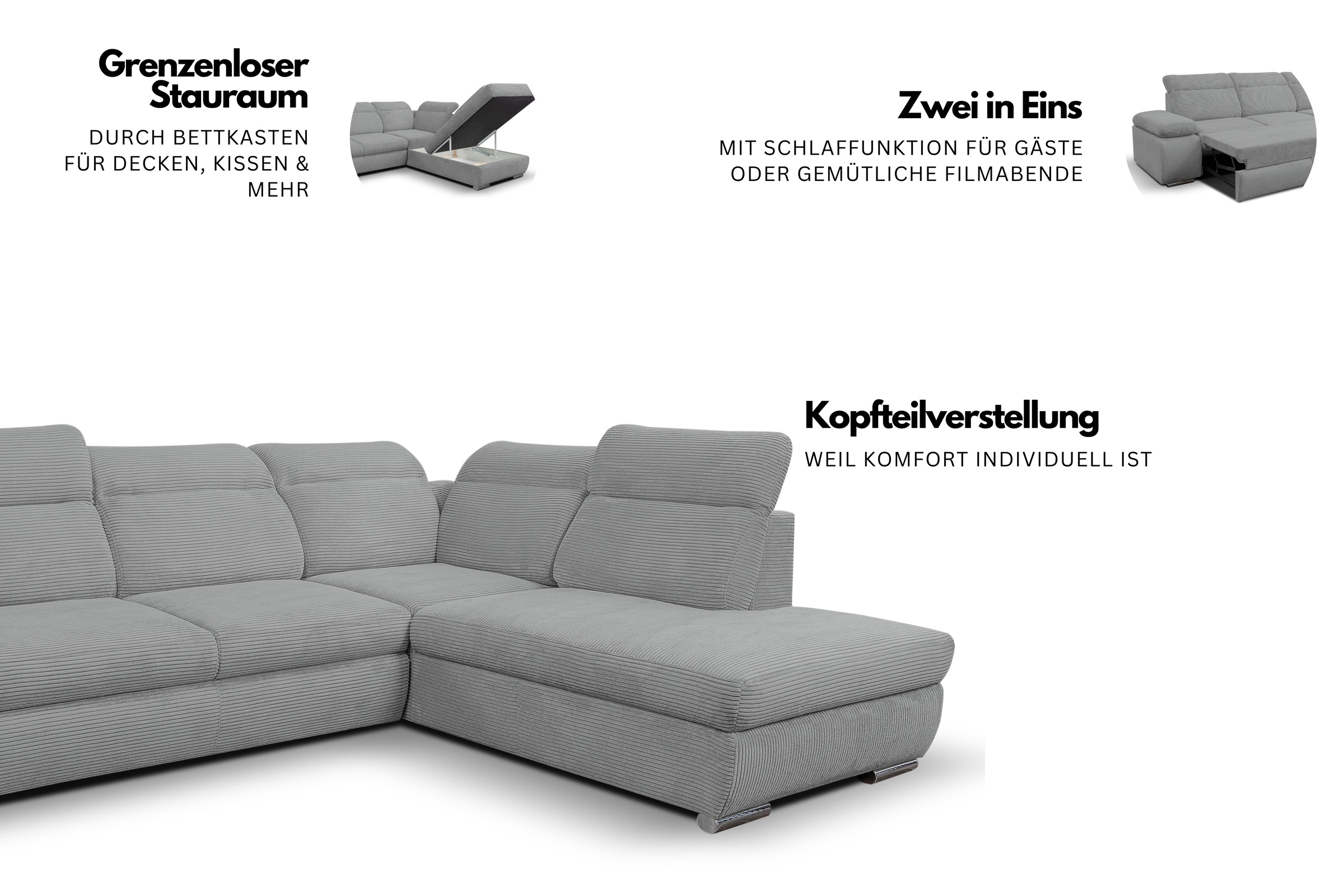 Thumbnail - WERK2 Ecksofa "Alicante Cord, inkl. Bettfunktion & Bettkasten, Breite 280cm, L-Form" Schlafsofa mit Bettkasten & verstel...