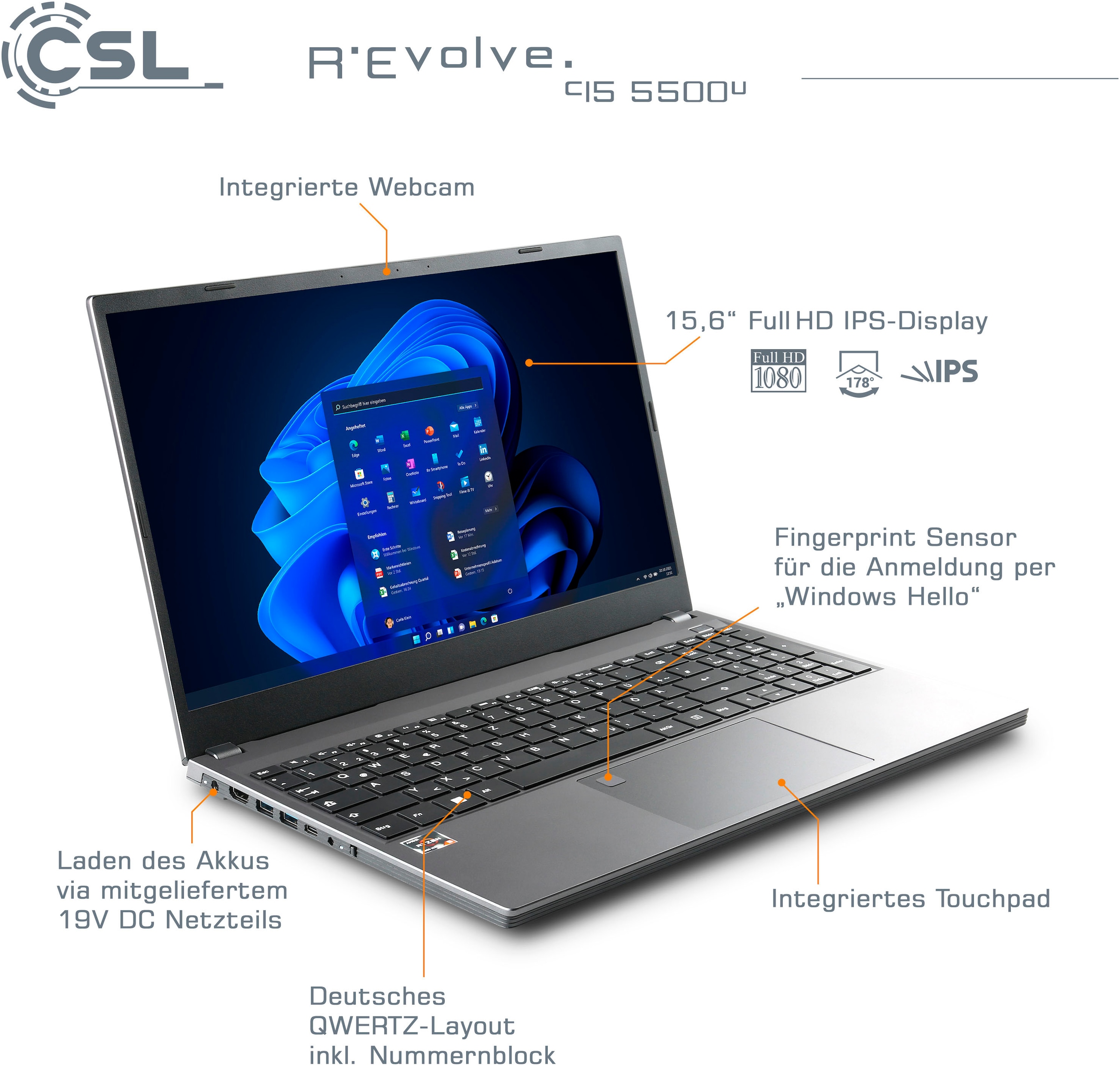 CSL Notebook »R'Evolve C15 5500U / 16GB / 500GB / Windows 11 Home«, 39,6 cm, / 15,6 Zoll, 500 GB SSD