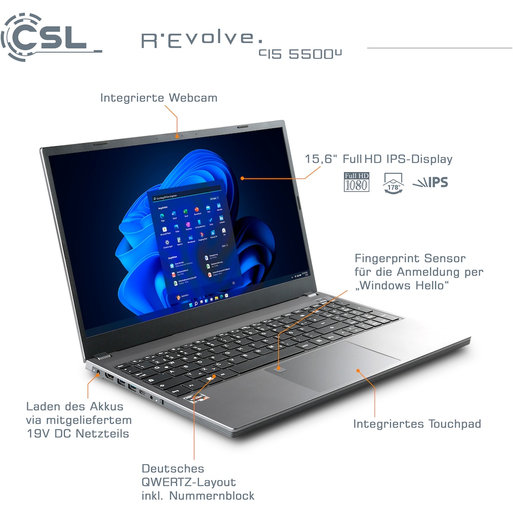 CSL Notebook »R'Evolve C15 5500U / 64GB / 1000GB / Windows 11 Home«, 39,6 cm, / 15,6 Zoll, 1000 GB SSD
