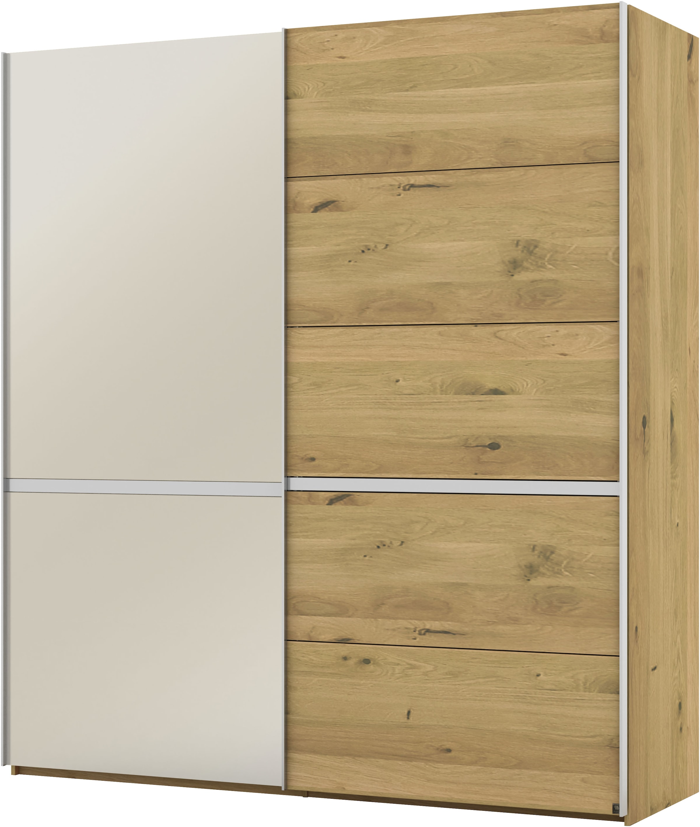 Musterring Schwebetürenschrank »Savona, Kleiderschrank, Schrank, Garderobe, mit Schiebetüren«, (Teilmassiv Bianco-Eiche, mit Spiegel oder Glas, MADE IN GERMANY), Türen Bianco-Eiche massiv, Spiegel-/Glastüren, eingelegte Chromleiste
