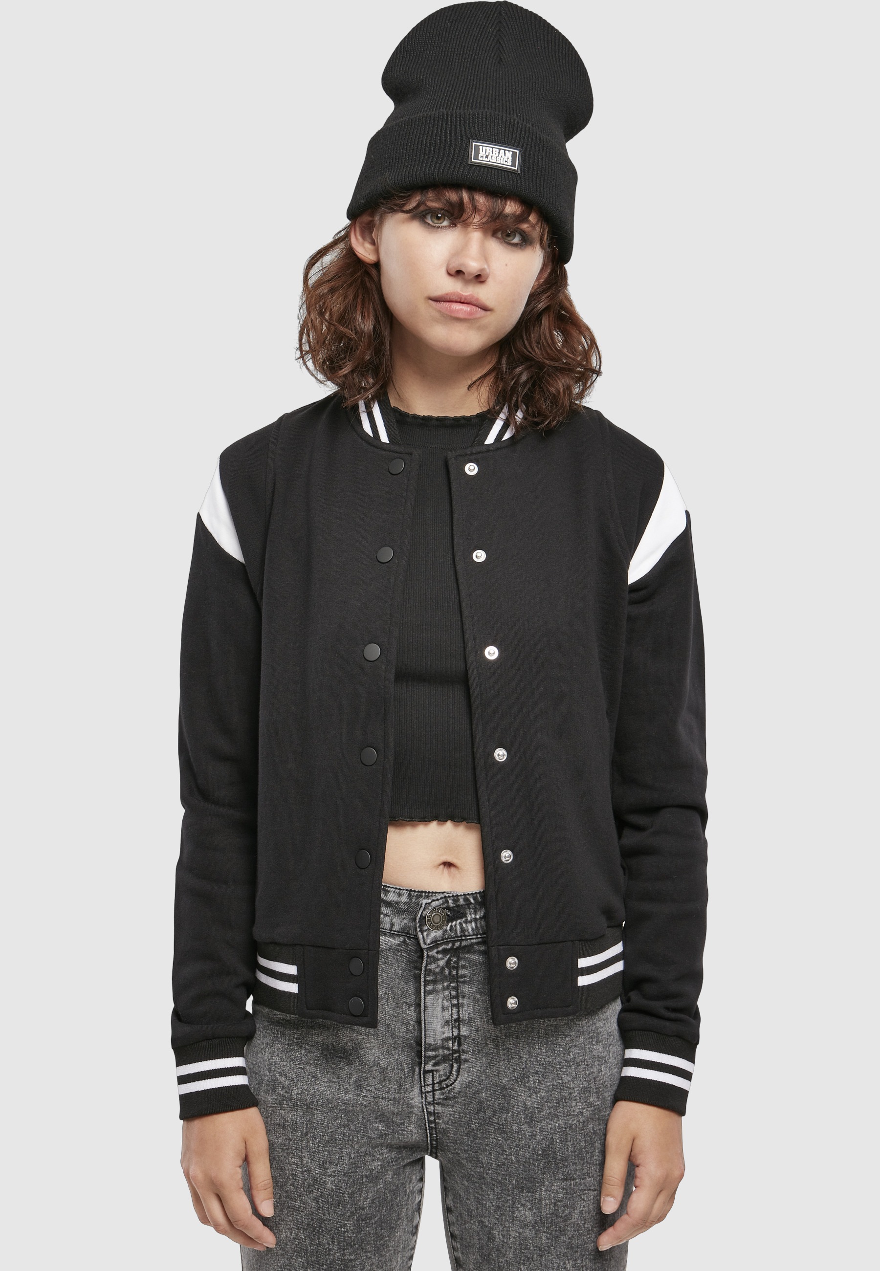 URBAN CLASSICS Collegejacke »Urban Classics Damen Ladies Organic Inset College Sweat Jacket« 1 Stk. tlg. ohne Kapuze