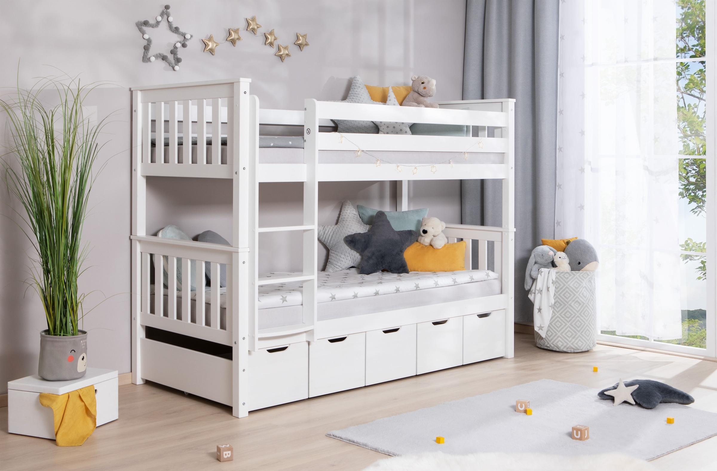Ticaa Etagenbett »Sammy«, (90x200cm), mit Stauraum, umbaubar zu 2 Einzelbetten, Rollrost, Massivholz