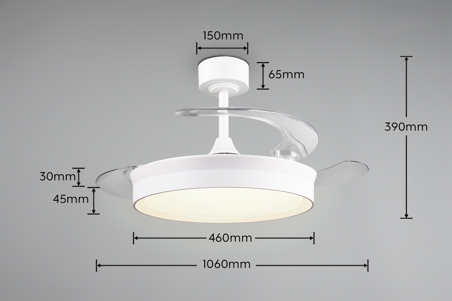 REALITY Leuchten LED Deckenleuchte »KERAVA mit Ventilator, Deckenventilator mit ausklappbaren Flügeln 30W« LED-Board 1 Stk. Farbwechsler | warmweiß - kaltweiß Ø 46 - 106 cm (aufgeklappt), 6 Stufen, LED 30W CCT dimmbar Timer