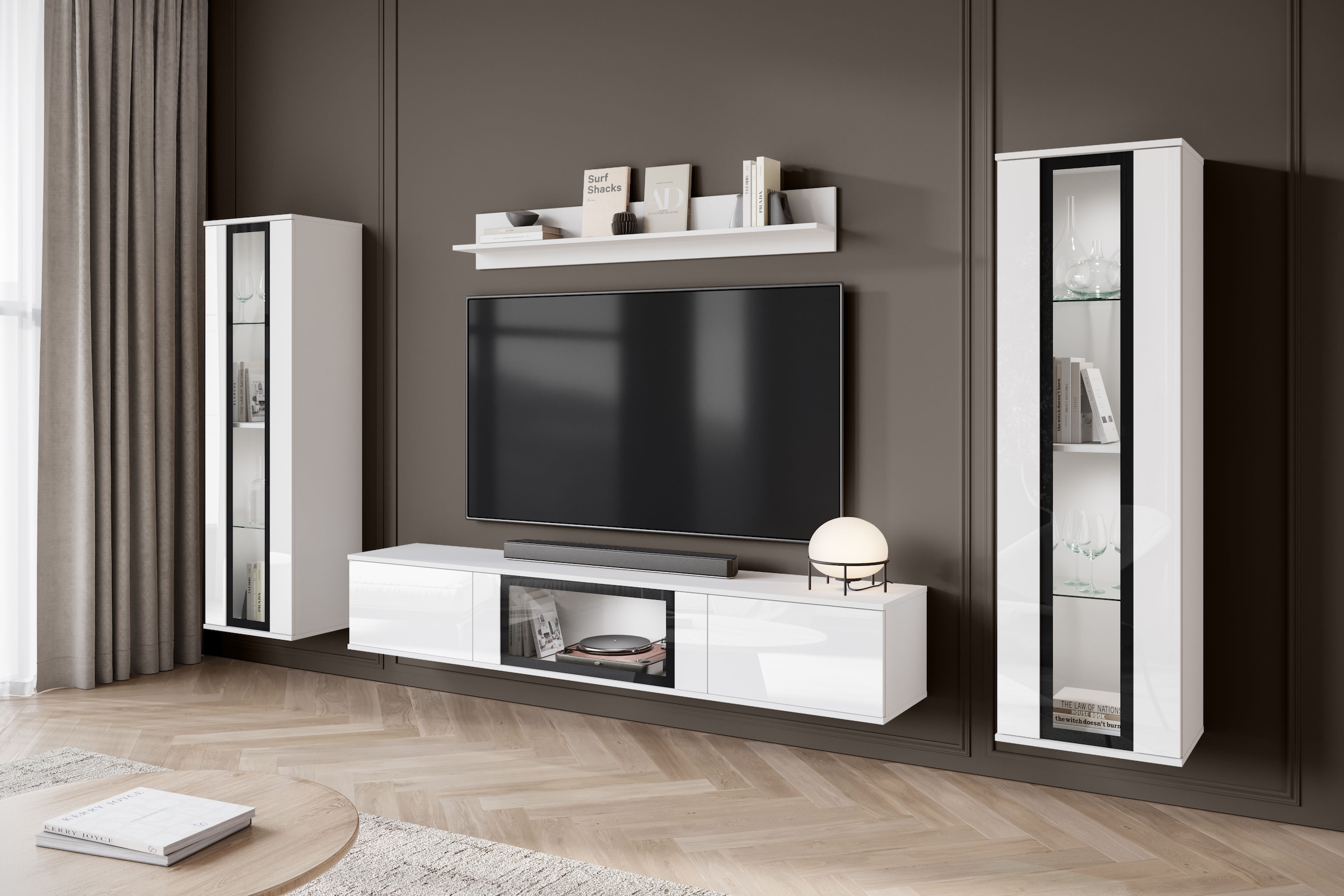 INOSIGN Wohnwand »Caro, stehend und hängend montierbar«, (Komplett-Set, 4 St., Vitrine Türanschlag links/rechts wechselbar), grifflose Design, höhenverstellbare Einlegeböden