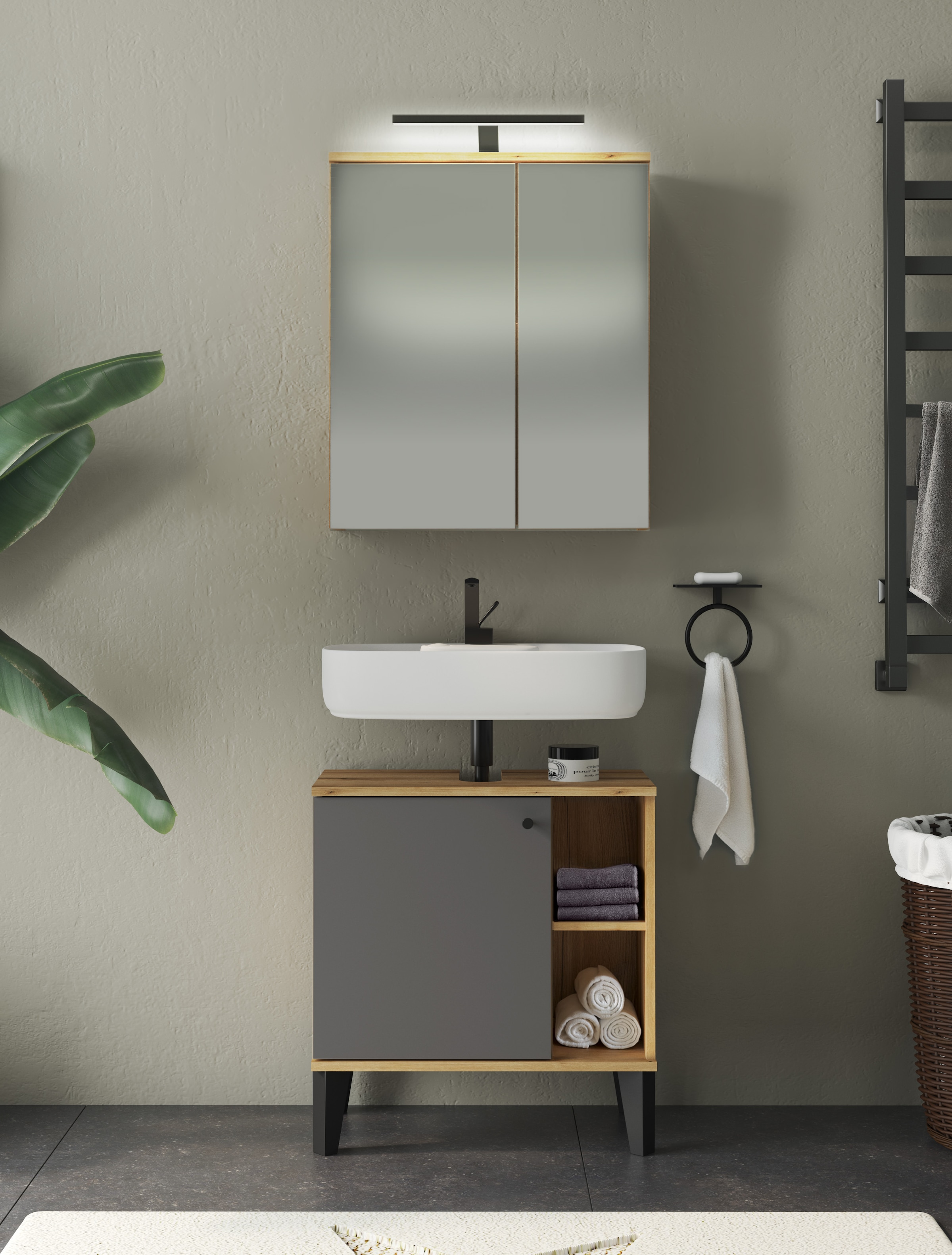 INOSIGN Badmöbel-Set »OSLO, Bad im skandinavischen Design, 2-teiliges Badezimmer«, (Set, 2 St.), Badschränke und Spiegel, in zwei Farben verfügbar, viel Stauraum