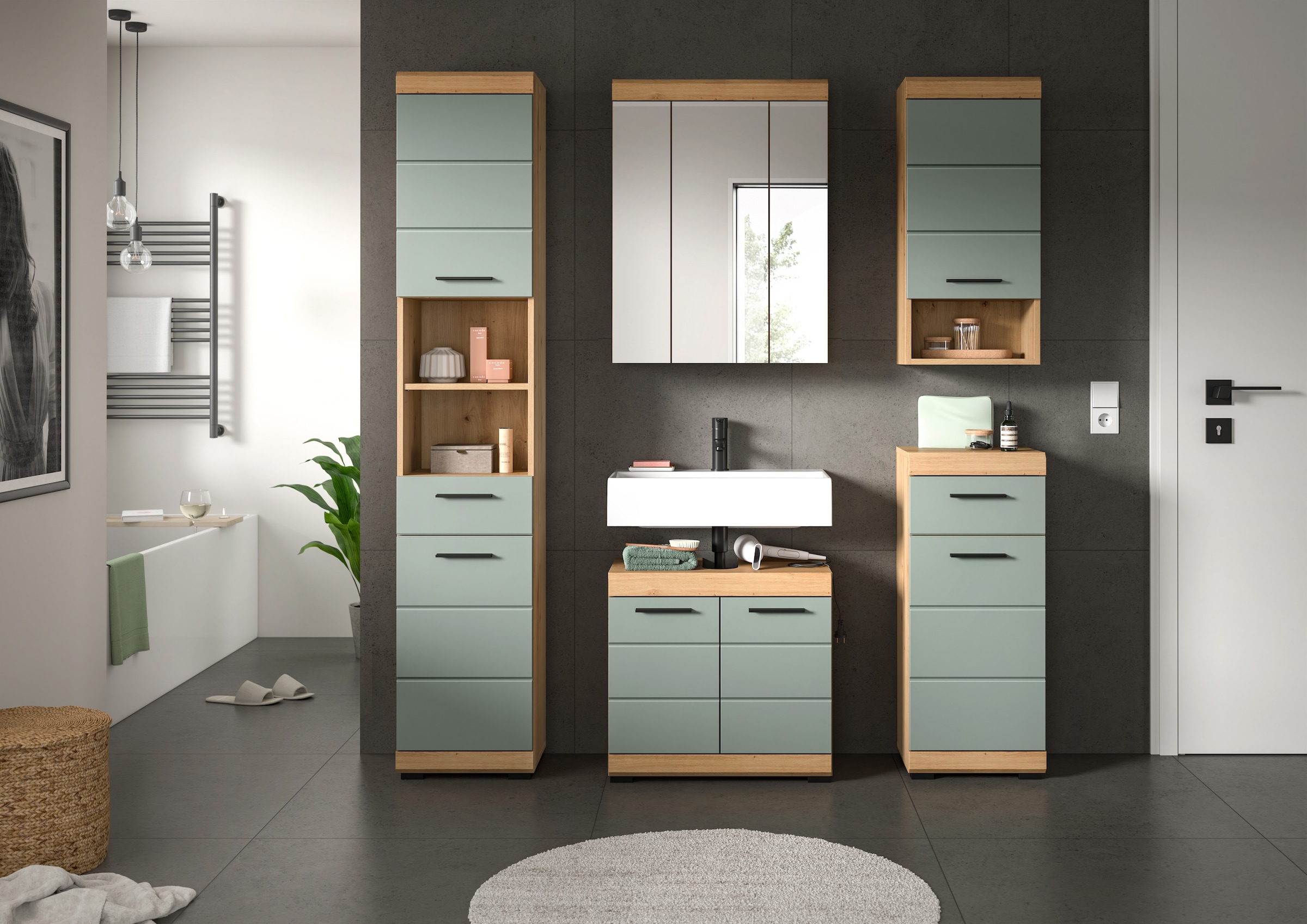 INOSIGN Badmöbel-Set »Siena, 5 teilig, bestehend aus:«, (Set), Hochschrank, WBU, Spiegelschrank, Unterschrank, Hängeschrank
