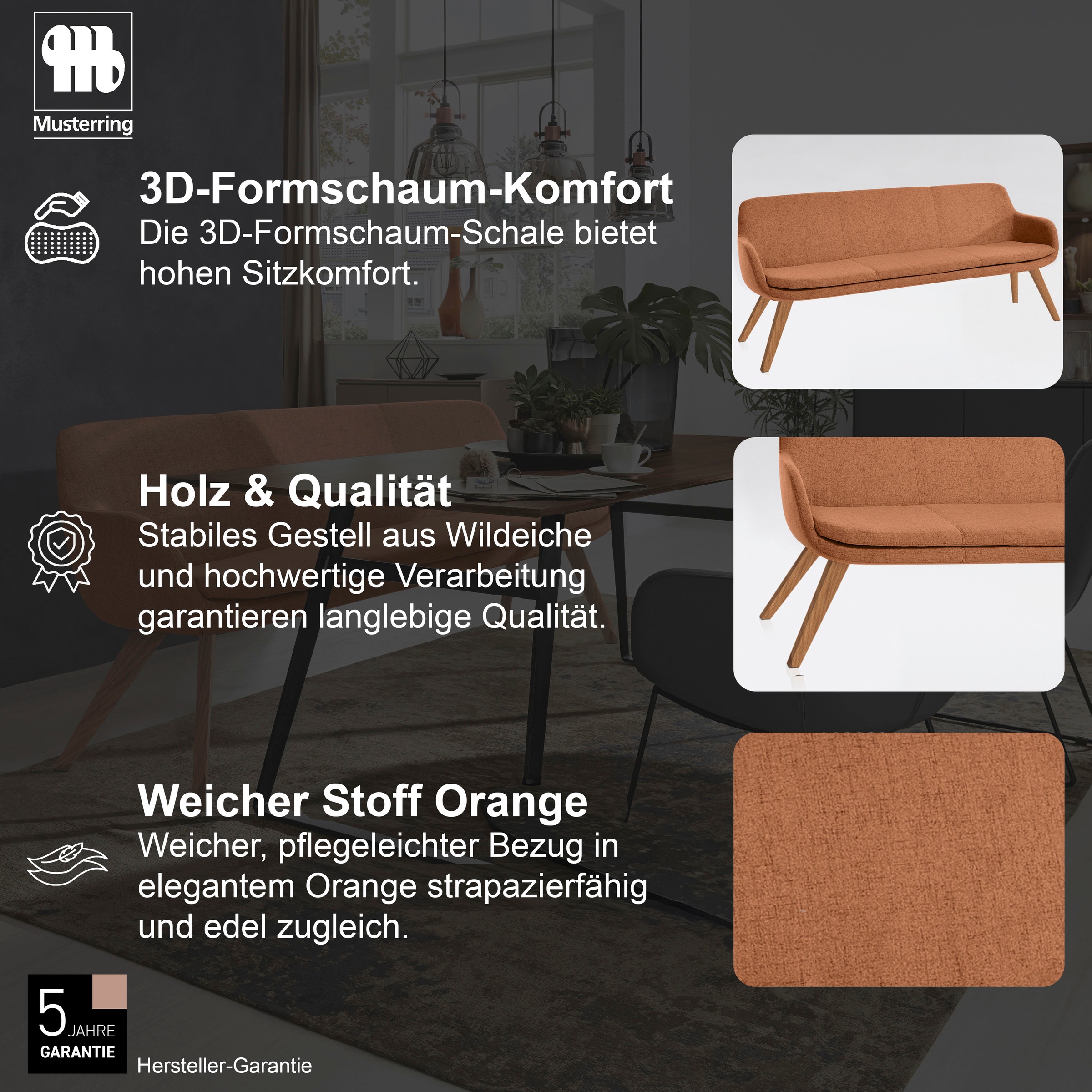 Essbank MUSTERRING "Tavia", orange (orange, wildeiche), B:200cm H:87cm T:66cm, 100% PES, Sitzbänke, Essbank, Stativgestell Wildeiche massiv geölt, Breite 180, 200 oder 220 cm 2