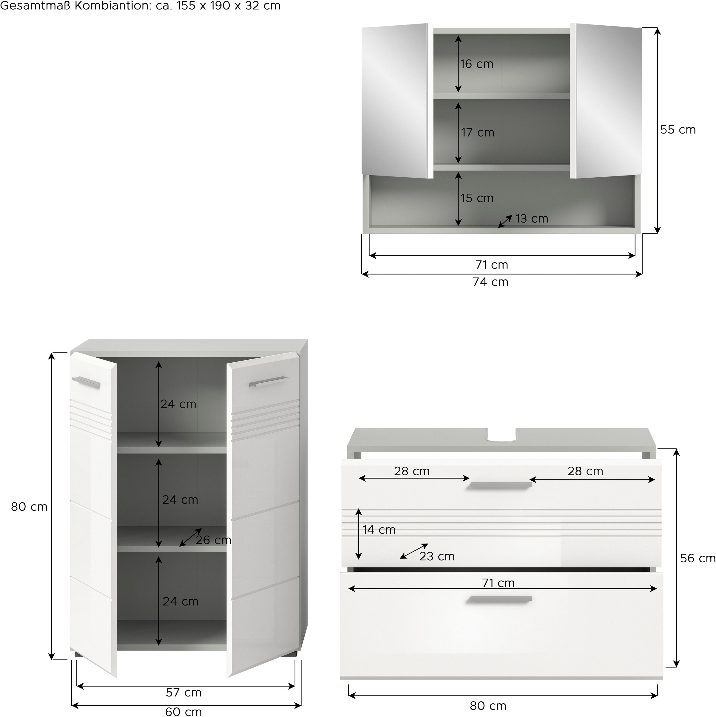 welltime Badmöbel-Set »Calicio, bestehend aus: Midischrank, Waschbeckenunterschrank,«, (3 St.), Spiegelschrank, hochwertige MDF Front mit Rillenfräsung