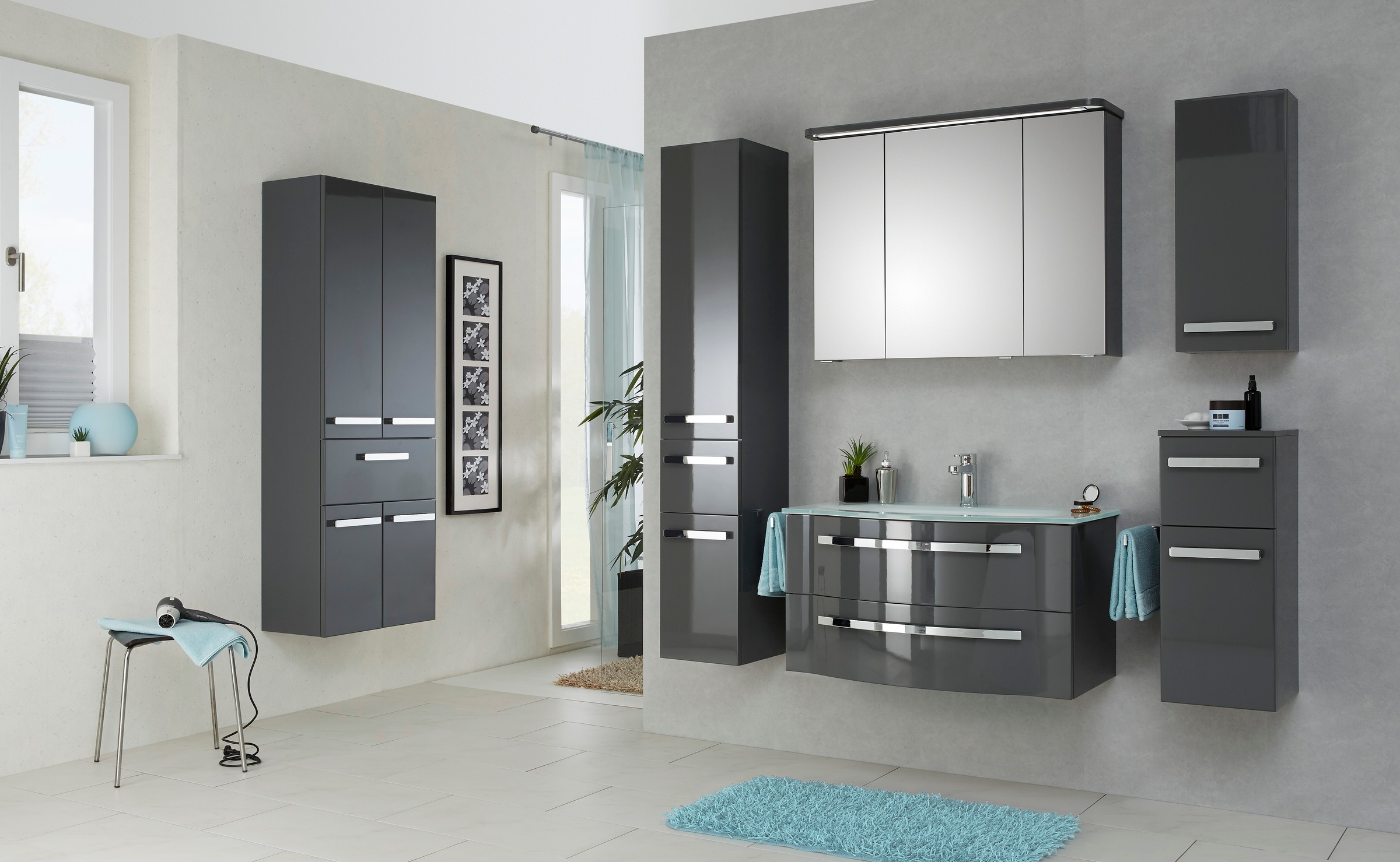 Saphir Waschtisch »Serie 4005 Glas-Waschtisch mit Unterschrank, 92 cm breit«, Waschplatz mit 2 Schubladen, Badmöbel-Set mit Waschtisch