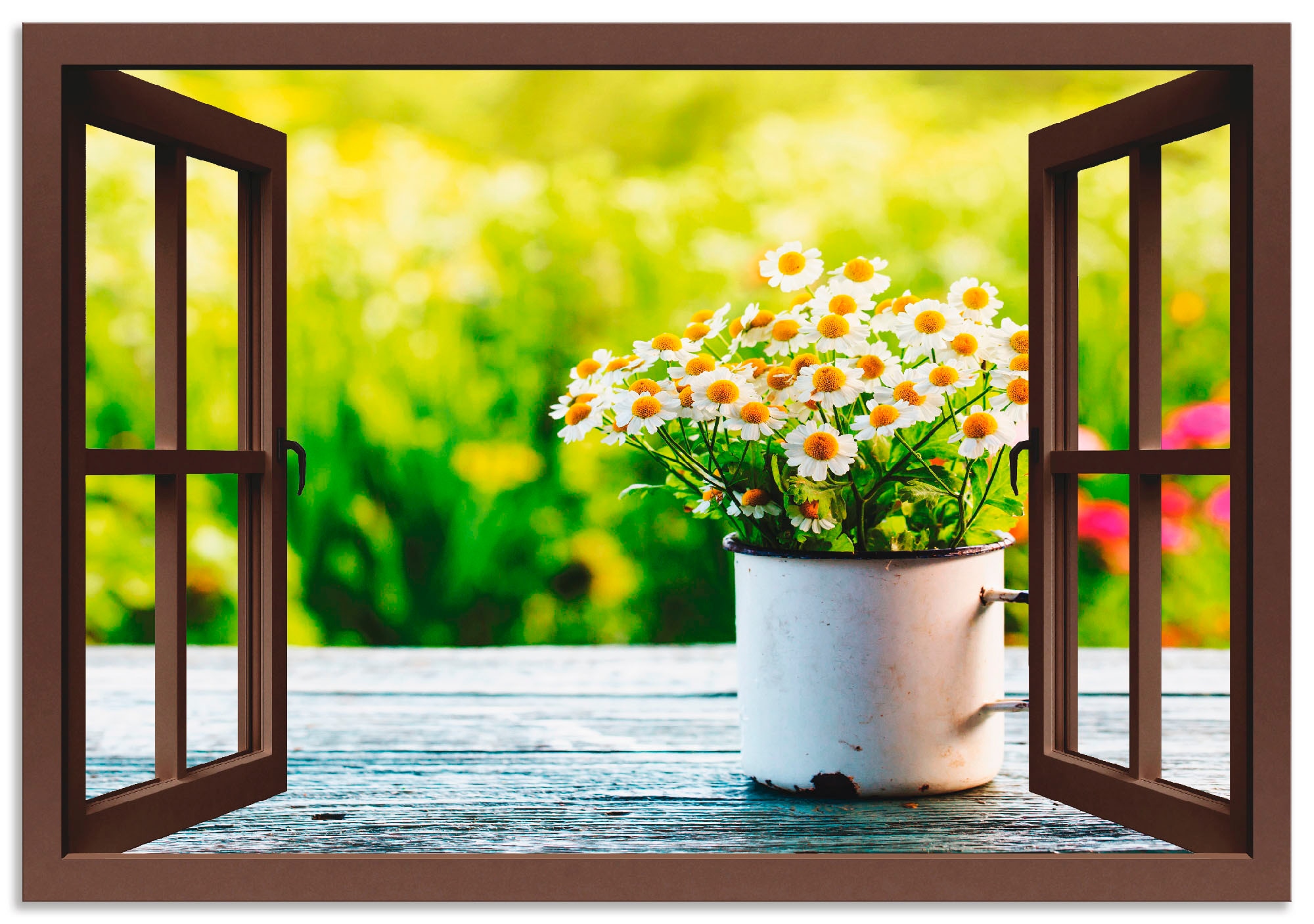 Artland Wandbild Garten mit | Wandaufkleber Poster St.), BAUR bestellen Blumen, (1 als versch. Größen »Fensterblick Leinwandbild, in Alubild, Gänseblümchen«, oder