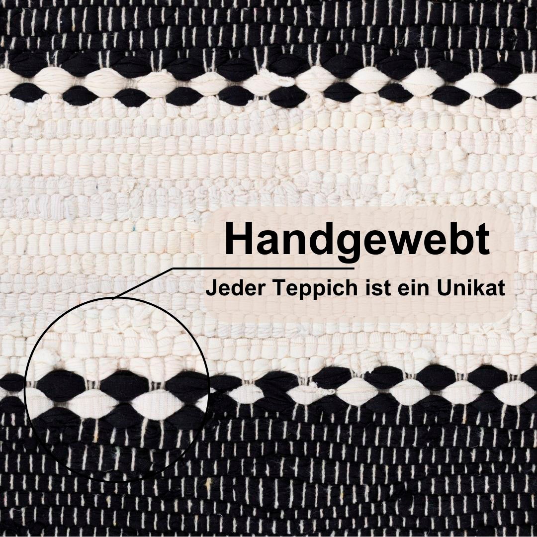 Teppich "Karim", schwarz (schwarz, weiß), B:60cm H:10mm L:110cm, Baumwolle, Polyester, MYFLAIR MÖBEL & ACCESSOIRES, Teppiche, Teppich, Handweb Teppich, gestreift, 90% Baumwolle, handgewebt, mit Fransen 3