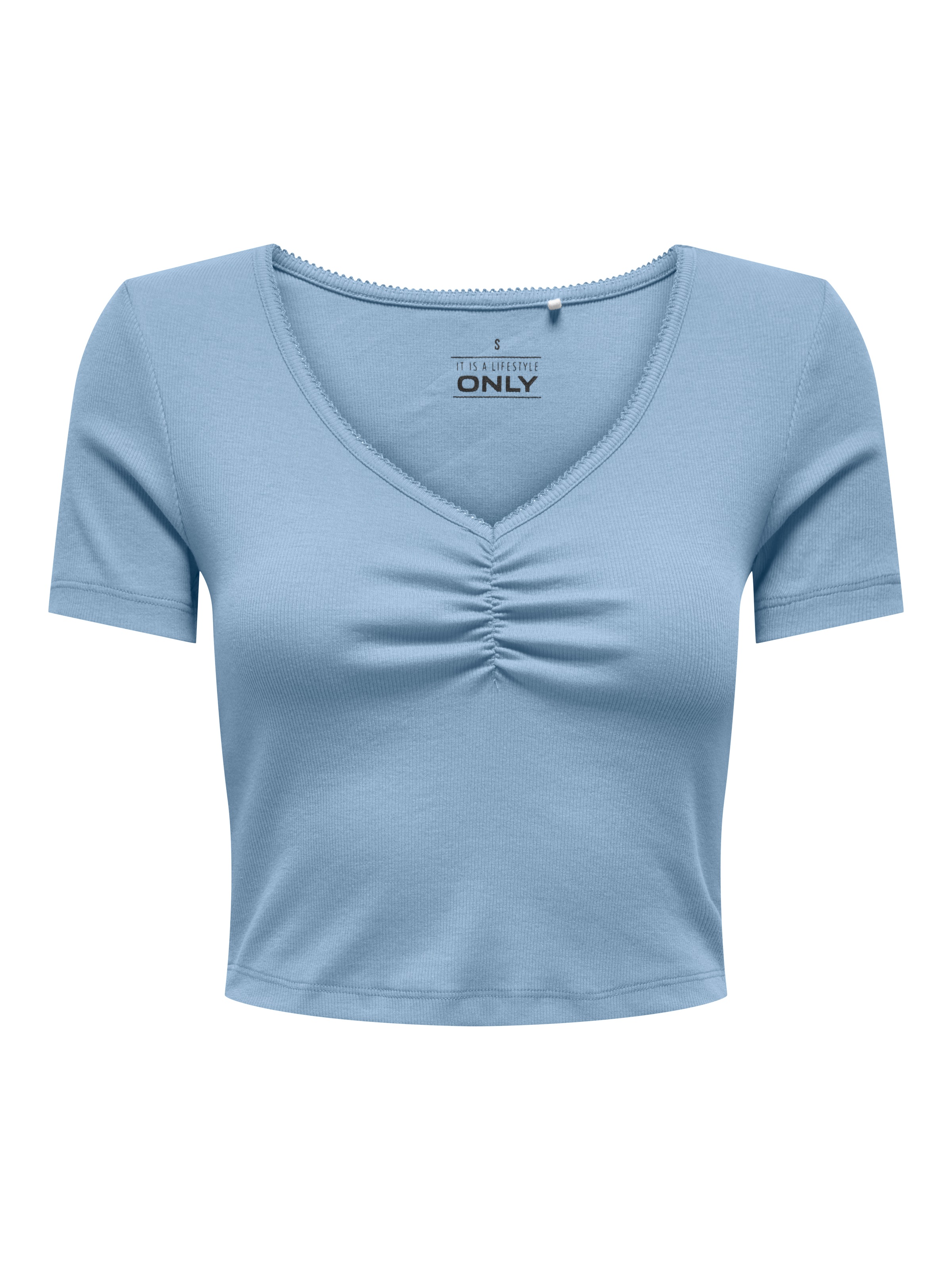 ONLY Kurzarmshirt "ONLBETTY LIFE S/S SCALLOP V-NECK CC JRS" mit Raffung am günstig online kaufen