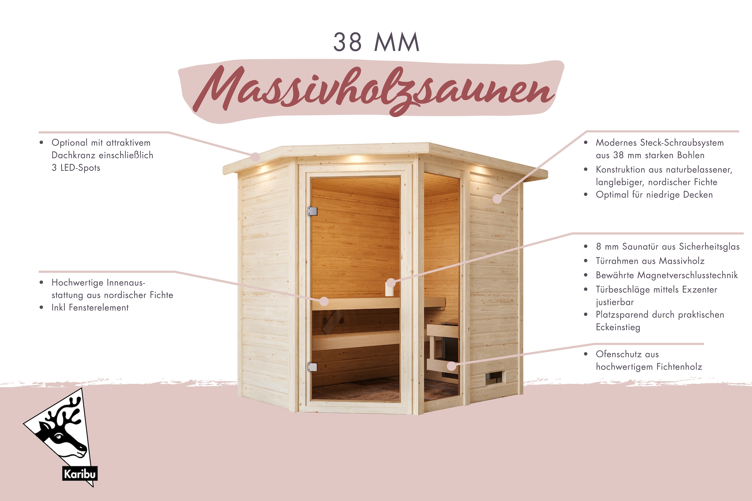 Karibu Sauna »"Josie" mit bronzierter Tür und Kranz, naturbelassen«, aus hochwertiger nordischer Fichte