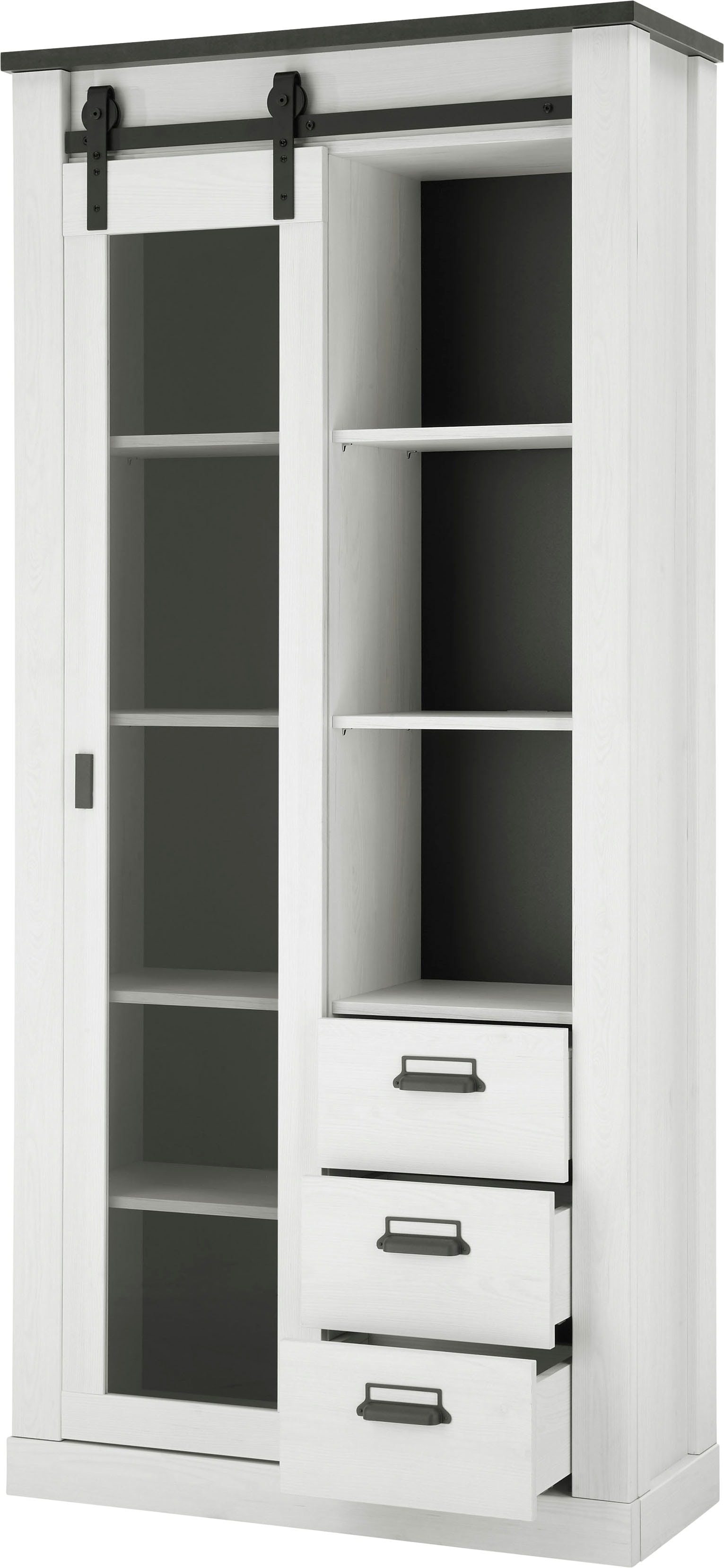 Home affaire Vitrine "Sherwood, Hochschrank im Industrial-Style, moderne Glasvitrine" Scheunentorbeschlag und Apothekergriffe aus Metall, Höhe 201 cm