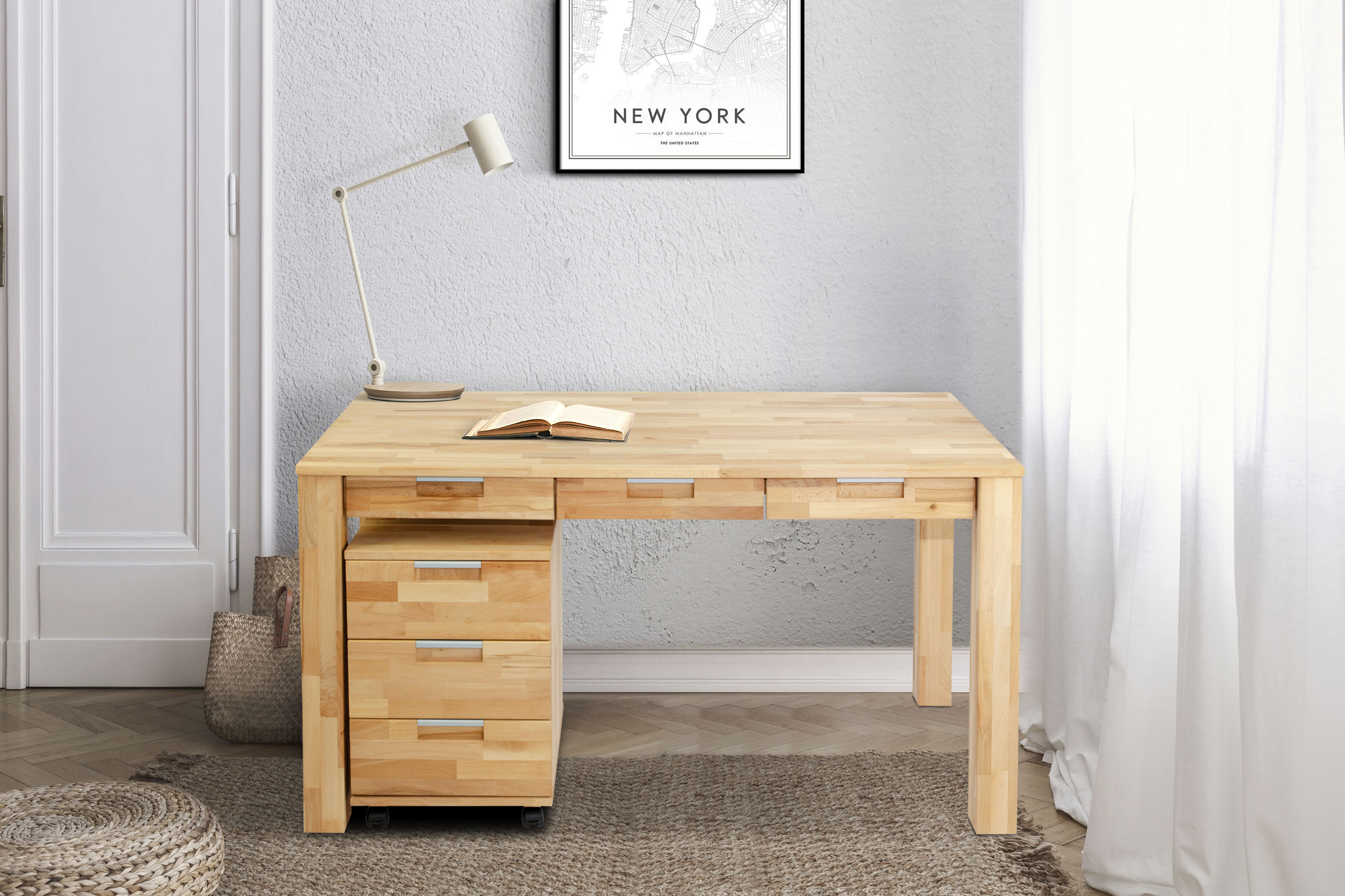 Home affaire Büro-Set Robi, (2 St.), aus massiv geöltem Buchenholz, bestehend aus Robi Schreibtisch 135 cm und einem Rollcontainer