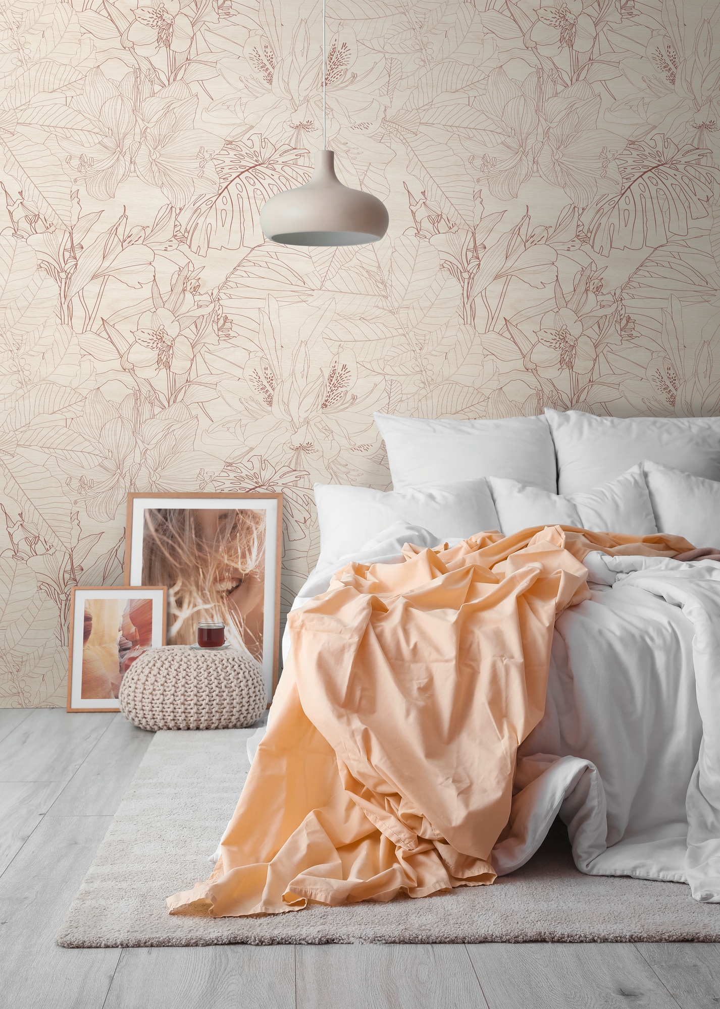 living walls Fototapete "THE WALL III florale Tapete Motivtapete Zeichnung Blattmotiv" matt glatt Vliestapete Pflanzen für Schlafzimmer Küche Wohnzimmer Floral Design