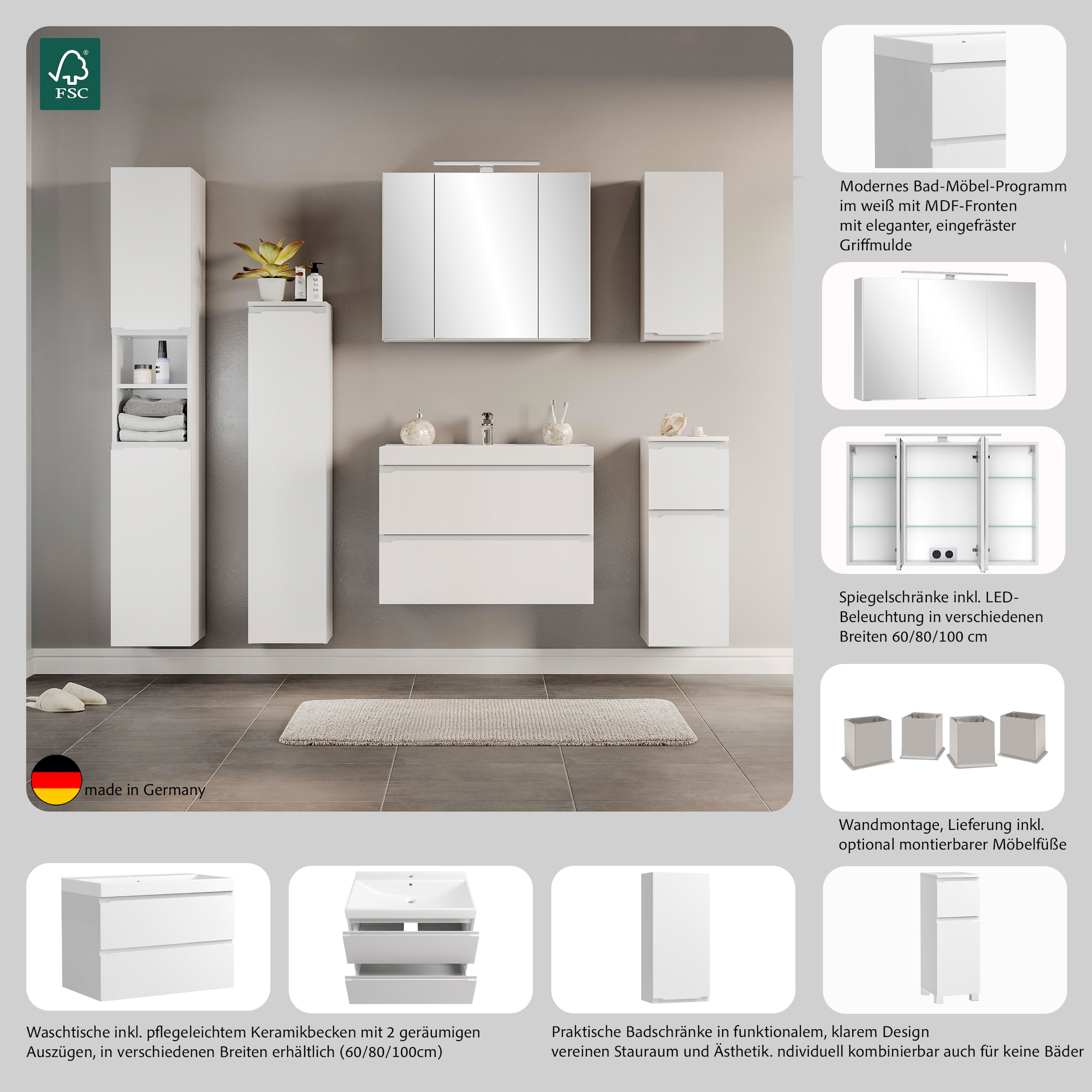 welltime Unterschrank »CABO, gedämpfte Scharniere, Softclose-Auszug« matt weiß, griffloses Design, reversibel