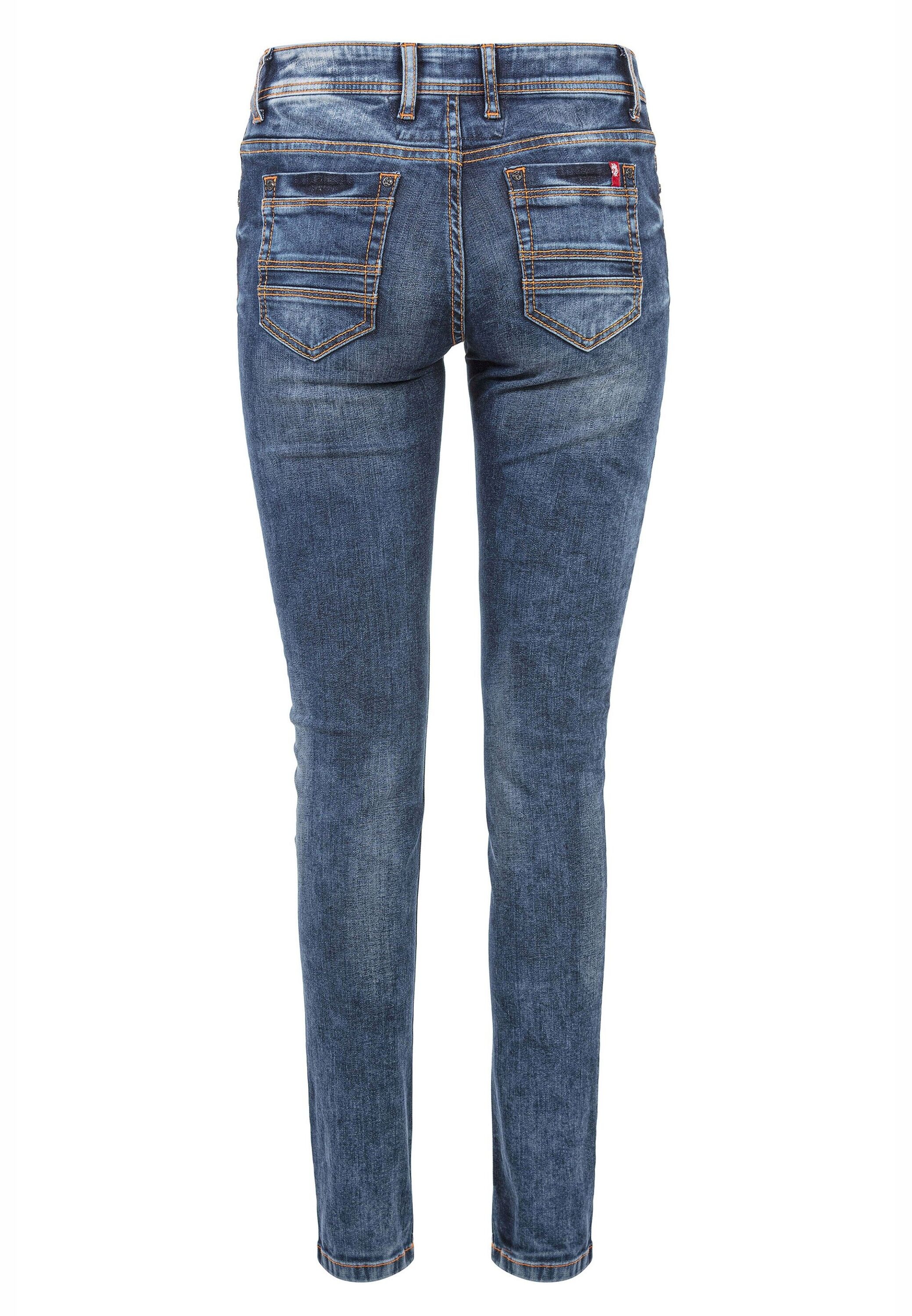 Slim-fit-Jeans CIPO & BAXX "Jeans", Damen, Gr. 30, Länge 32, blau, 98% Baumwolle, 2% Elasthan, unifarben, slim fit lang, Jeans Slim-fit-Jeans, Mit trendigen Ziernähten, WD441 3