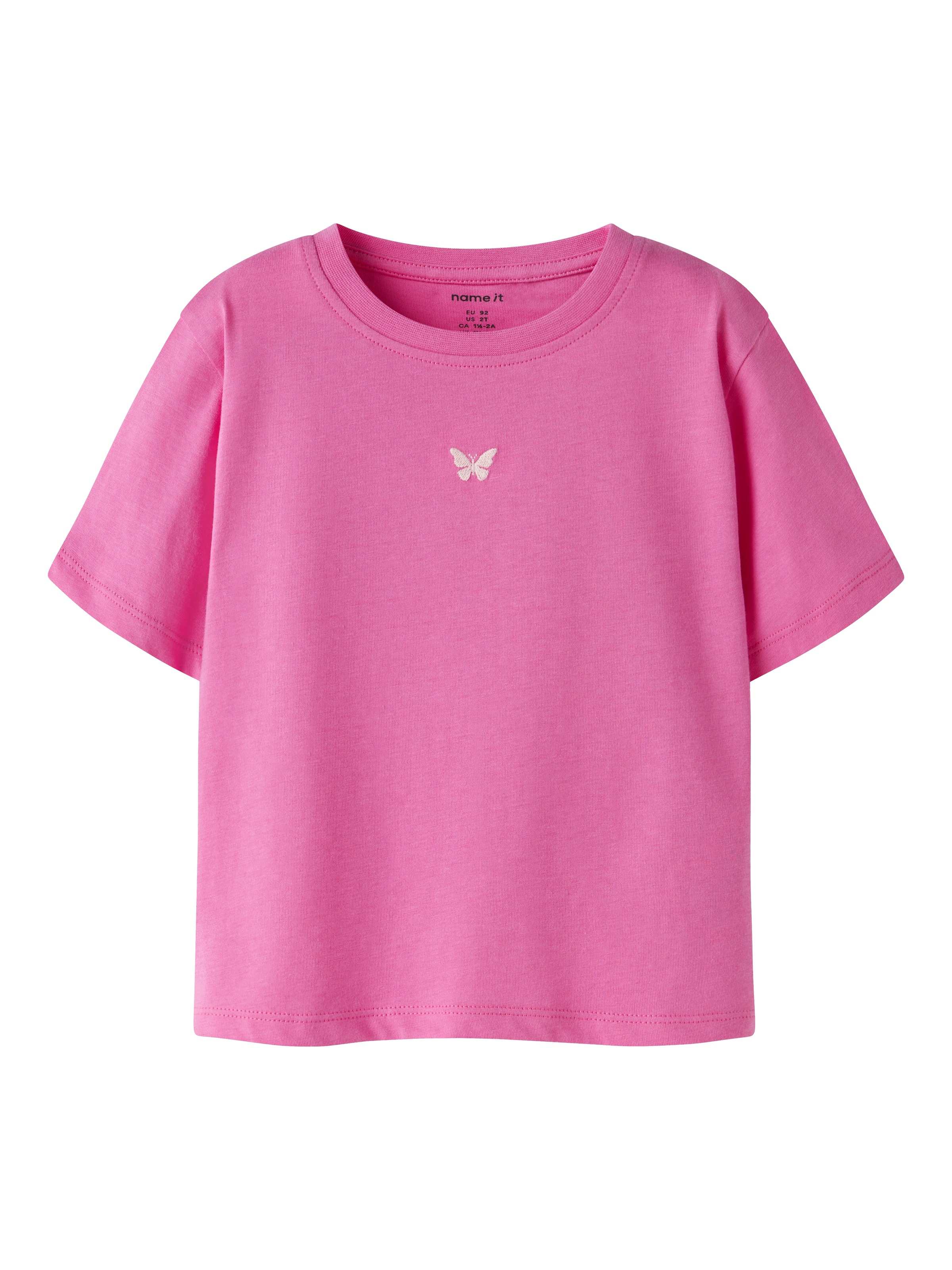 T-Shirt NAME IT "NMFVICTORIA SS NREG TOP", Mädchen, Gr. 110, strawberry moon detail:butterfly embroidery, Jersey, Obermaterial: 100% Baumwolle, unifarben, Basic normal, Rundhals, Shirts T-Shirt