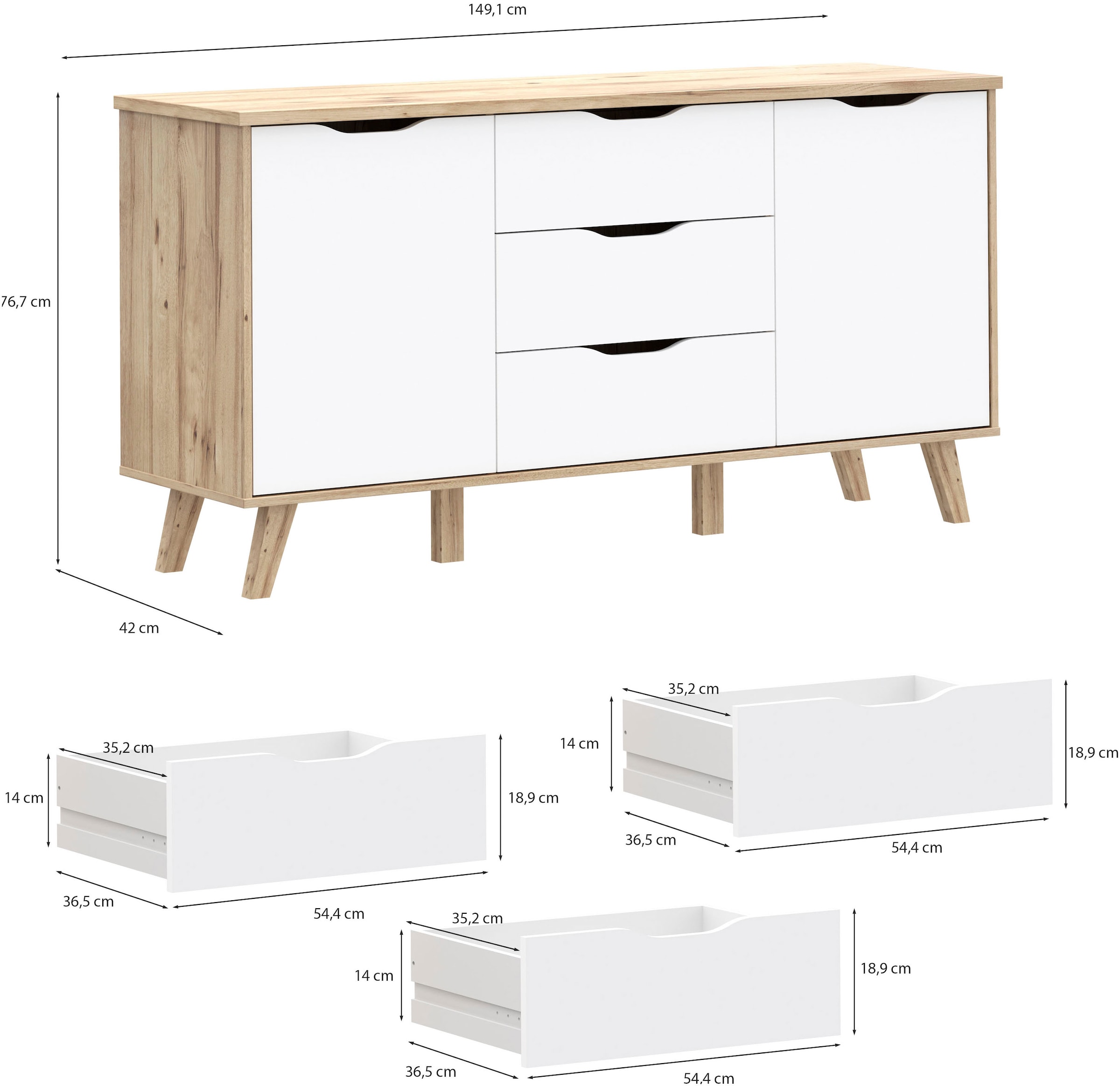FORTE Sideboard »Vankka Anrichte«, (B/H/T 149,1/76,7/41,7 cm), Sideboard, ca. 150 cm breit, Türen, Schubkästen, Echtholzbeine