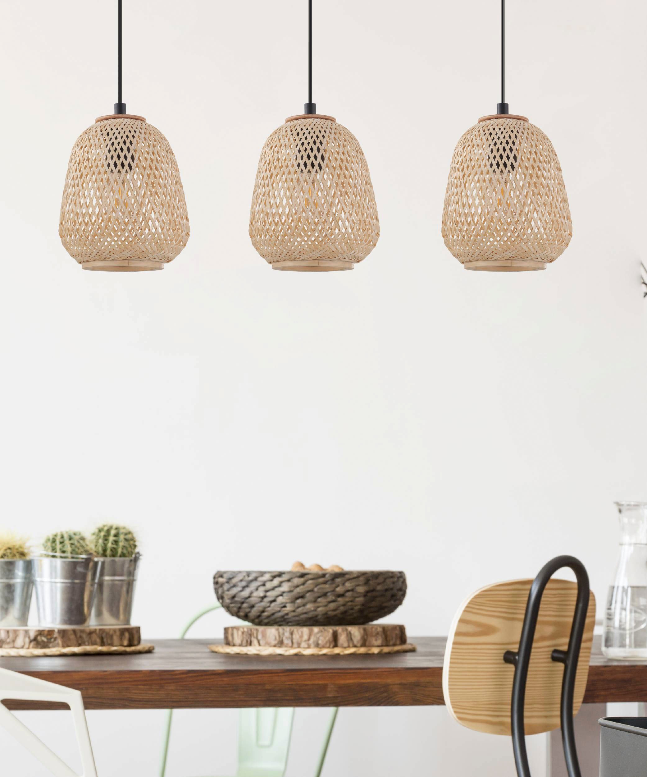 EGLO Hängeleuchte »Dembleby«, 3 flammig, Leuchtmittel E27 | ohne Leuchtmittel, Hängelampe Vintage, Natur, Hygge, Holzgeflecht, E27, Ø 20 cm