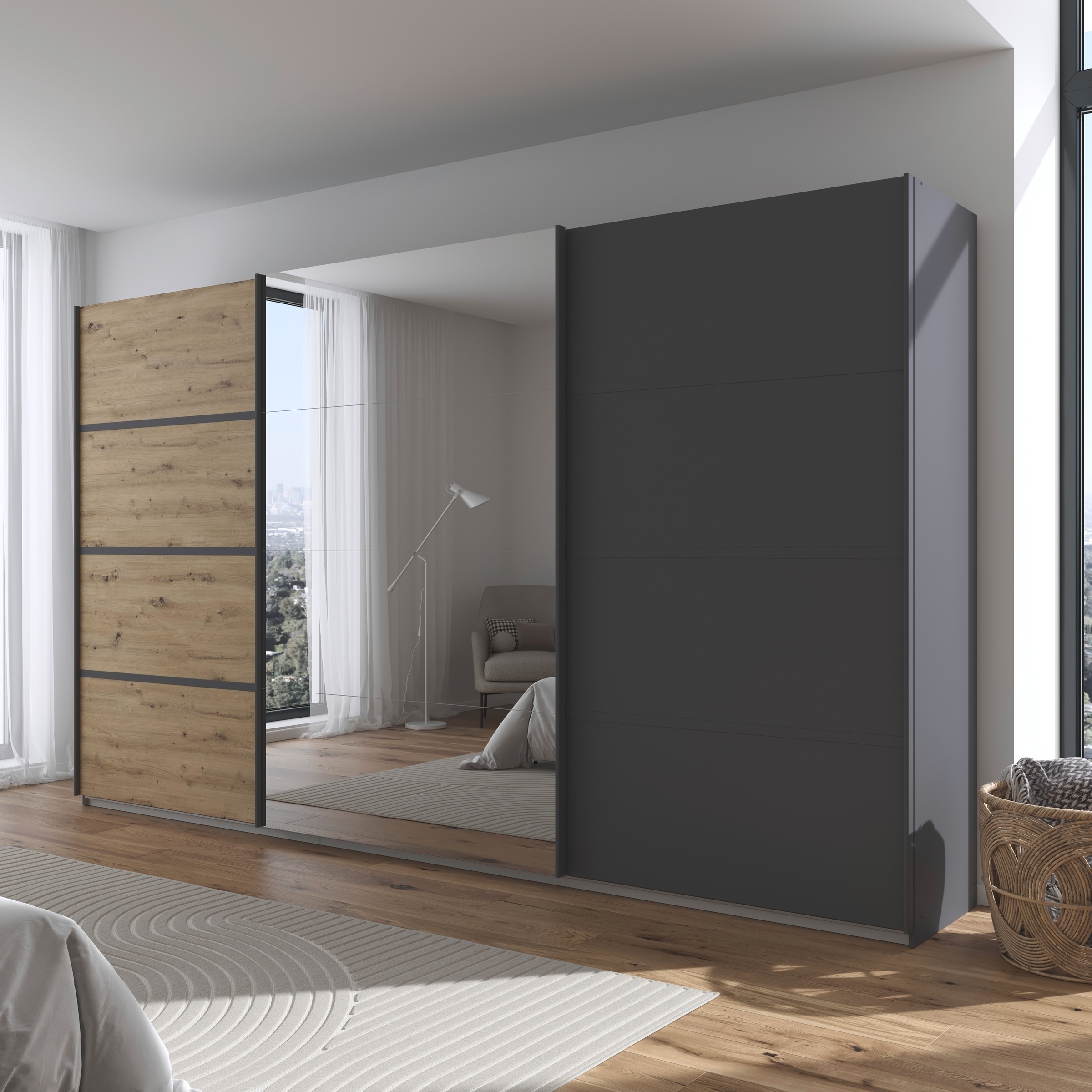 rauch Kleiderschrank »Schwebetürenschrank OTTO´s Choice Garderobe Schrank TOP ANGEBOT Avola«, (in 3 verschiedenen Ausstattungen BASIC/CLASSIC/PREMIUM inkl. Spiegel), mit eleganten Zierleisten in Chrom, Schwarz oder Weiß MADE IN GERMANY