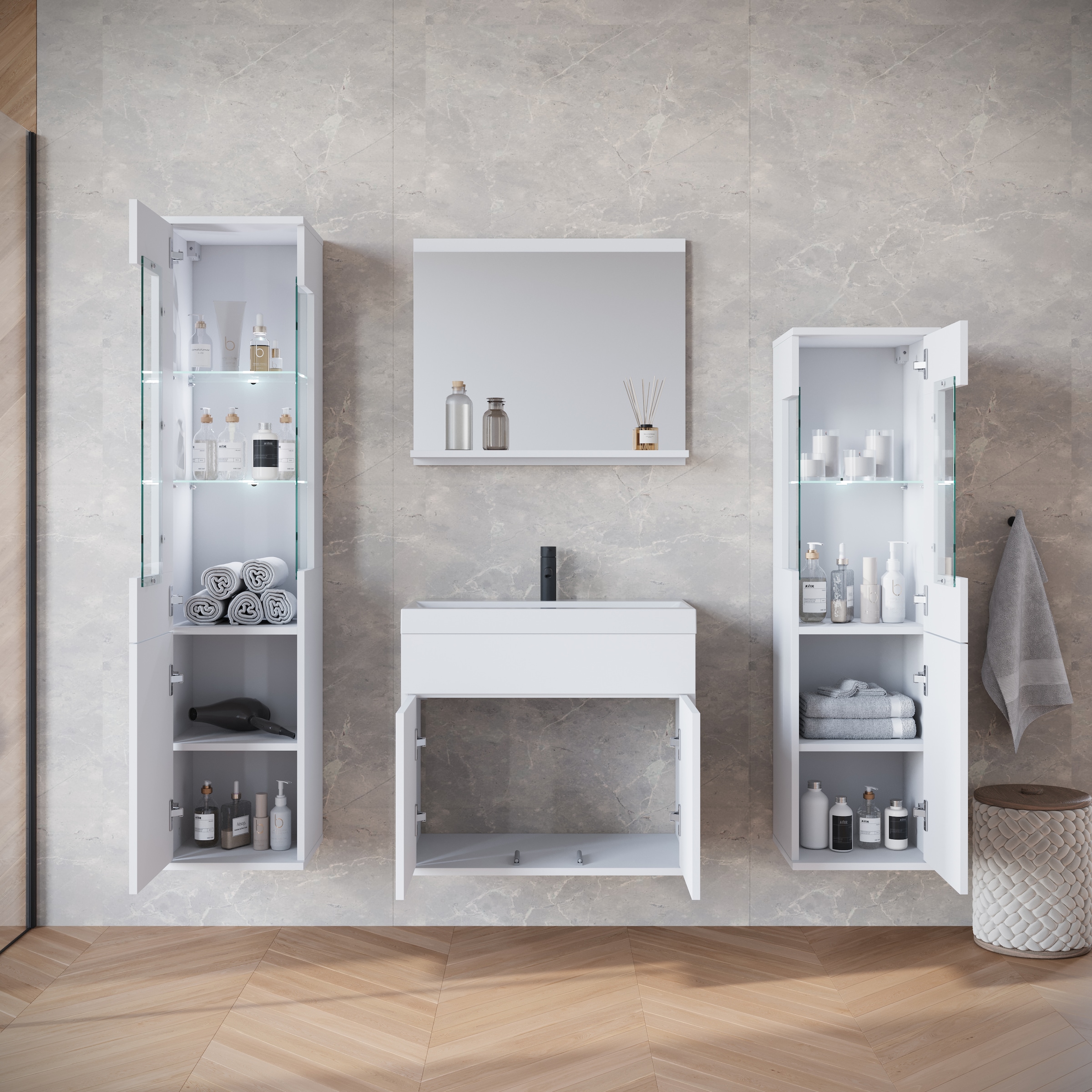 INOSIGN Badmöbel-Set »Kenia«, (Set, 5 St.), Modernes Badmöbel-Set mit viel Stauraum und Glaseinsatz