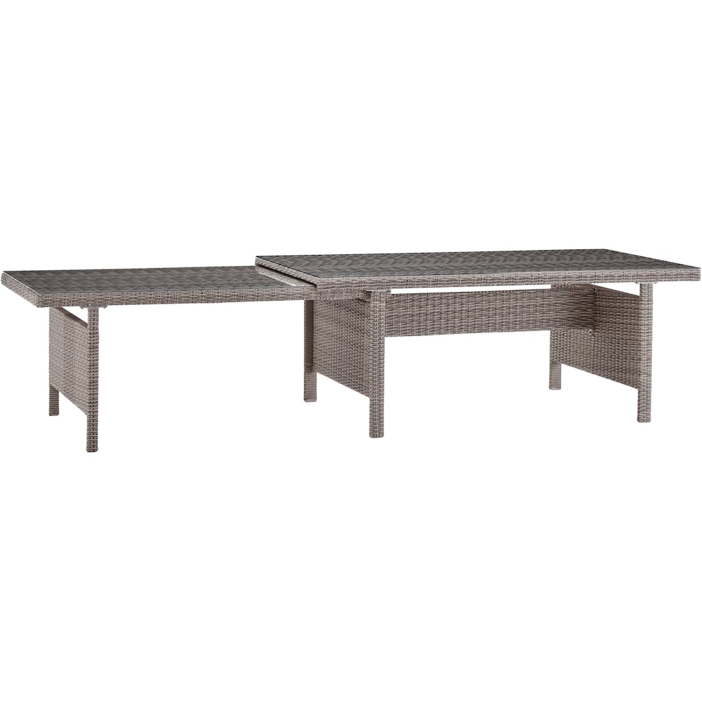 KONIFERA Garten-Essgruppe »Monaco«, (Set, 27 tlg., 6x Sessel, 4x Hocker, 1x AZ-Tisch 200-366x100x75,5 cm, inkl. Auflagen)