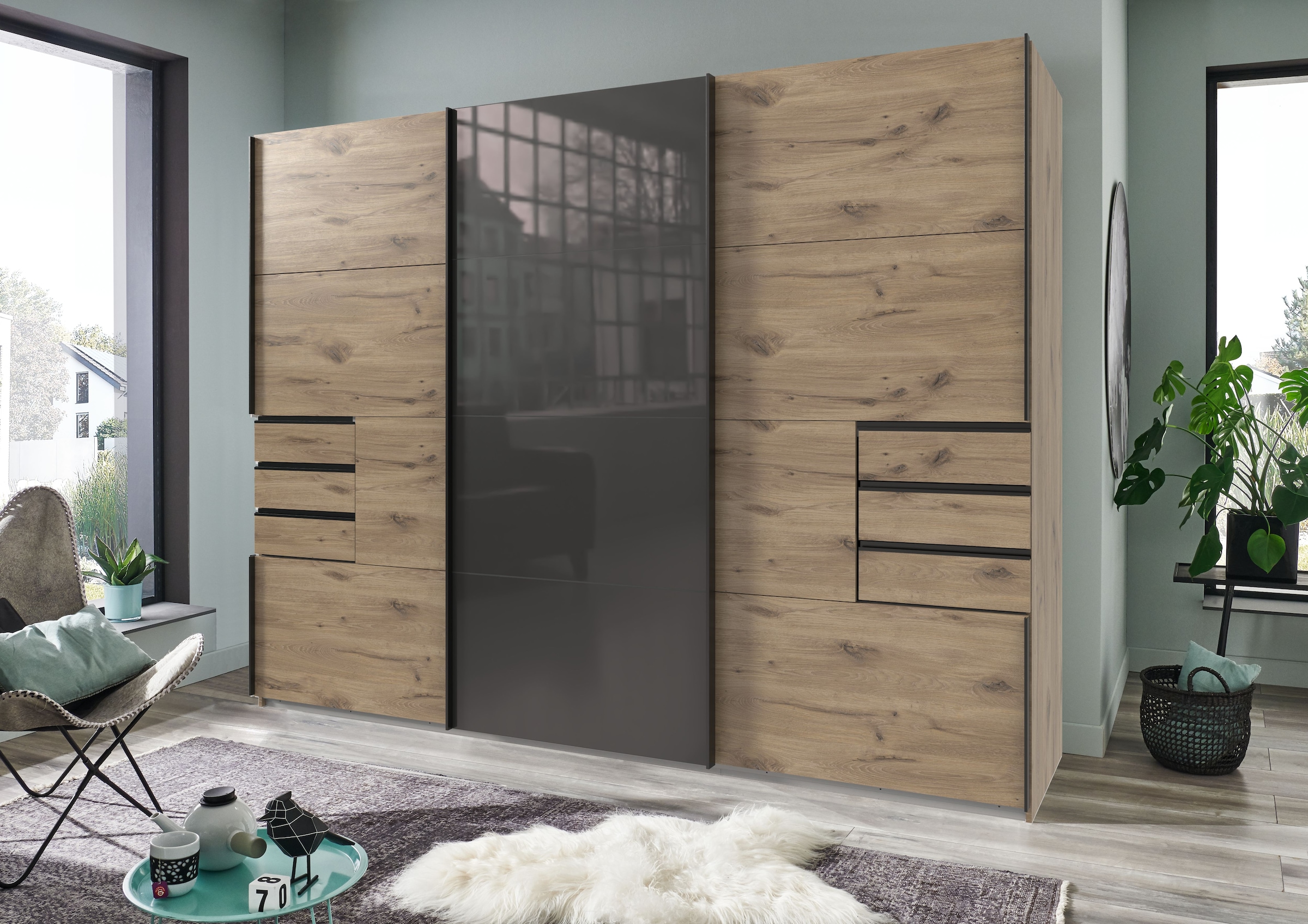 Wimex Schwebetürenschrank »Leonberg, Kleiderschrank mit 6 Schubladen«, mit graphitfb.Glasfront, 270cm breit, 208cm hoch