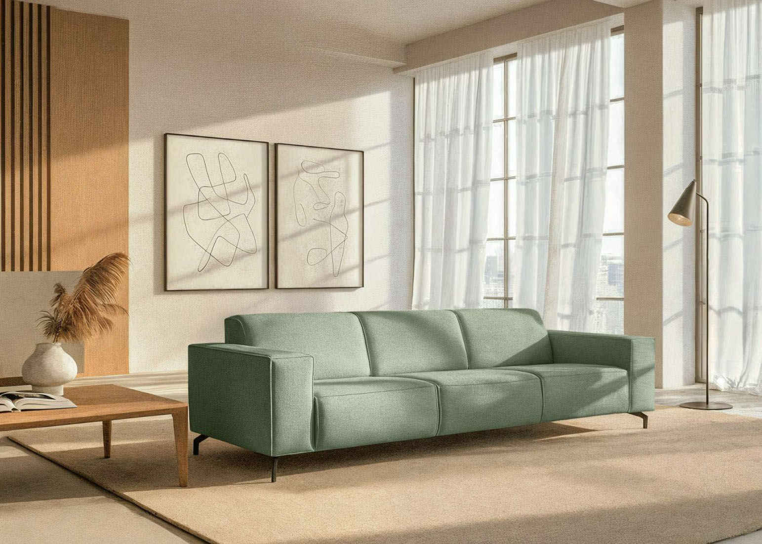 Home affaire 3-Sitzer "Lorcan 257 cm, weiches Sitzgefühl" mit schwarzen Metallfüßen, Lederoptik und in weichem Strukturstoff