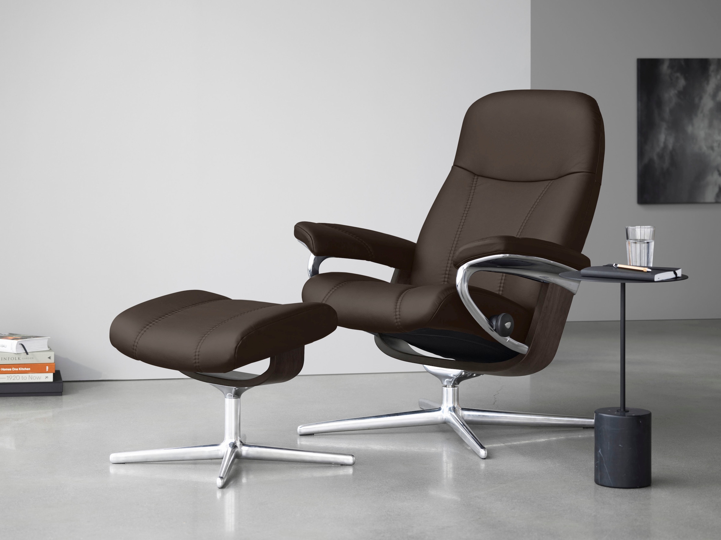 Stressless Relaxsessel "Consul" Set, Relaxsessel mit Hocker, mit Hocker, mit Cross Base, Größe S, M & L, Holzakzent Wenge