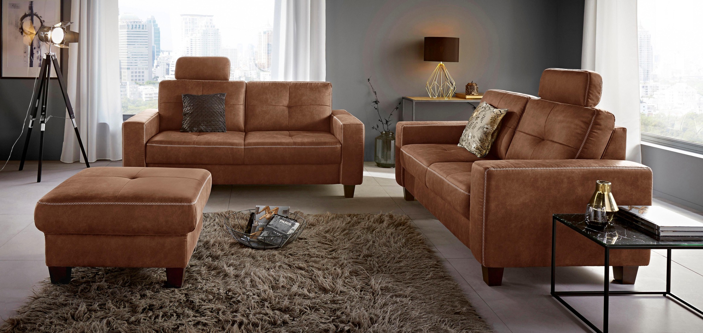 Home affaire Polsterhocker "Varese" Kreuznaht in beige günstig online kaufen