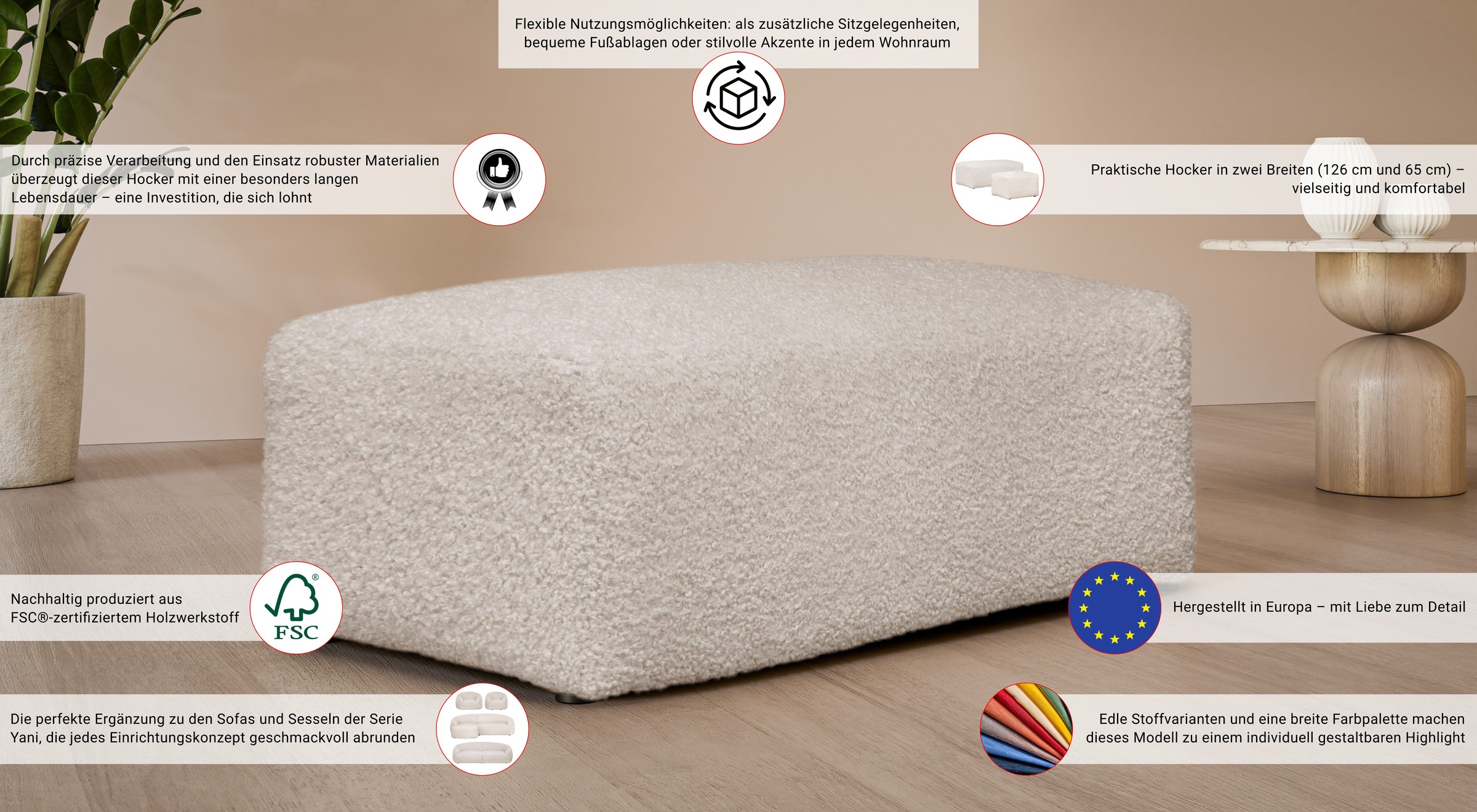 Thumbnail - LeGer Home by Lena Gercke Polsterhocker "YANI Sitzhocker mit Wellenunterfederung, Maße B/T/H: 126/65/46 cm" großer Hocke...