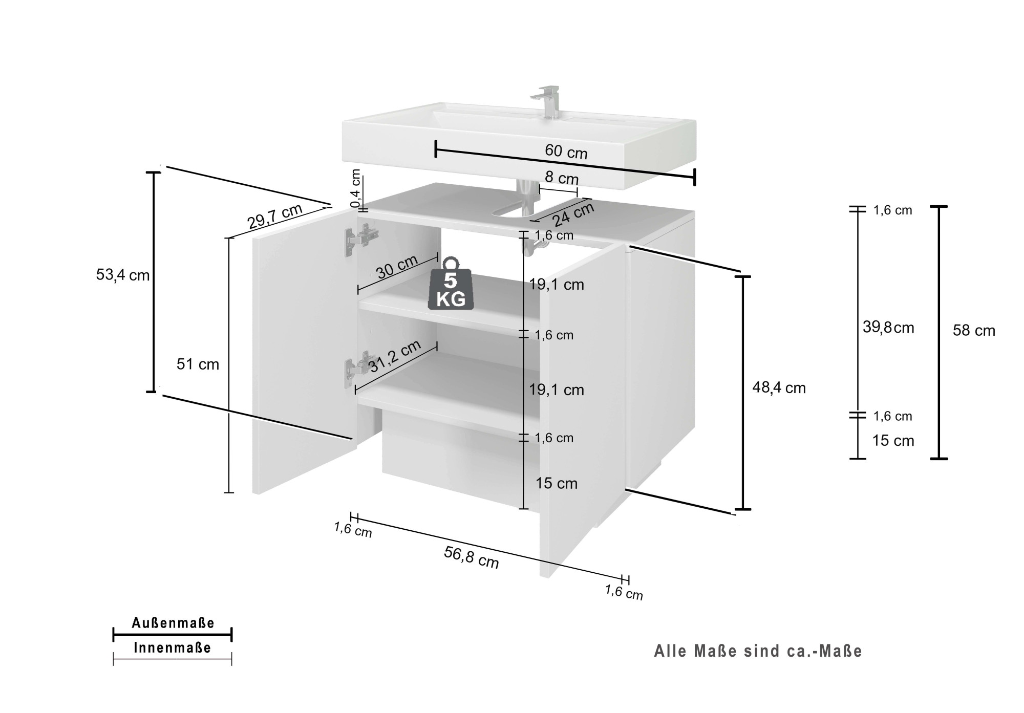 welltime Waschbeckenunterschrank »Vela,Breite 60cm, 2 Türen, 2 Fächer, mit Siphonausschnitt, lackiert« 1 Stk. tlg. Waschbeckenunterschrank,Waschtisch,Design mit schrägen Türen